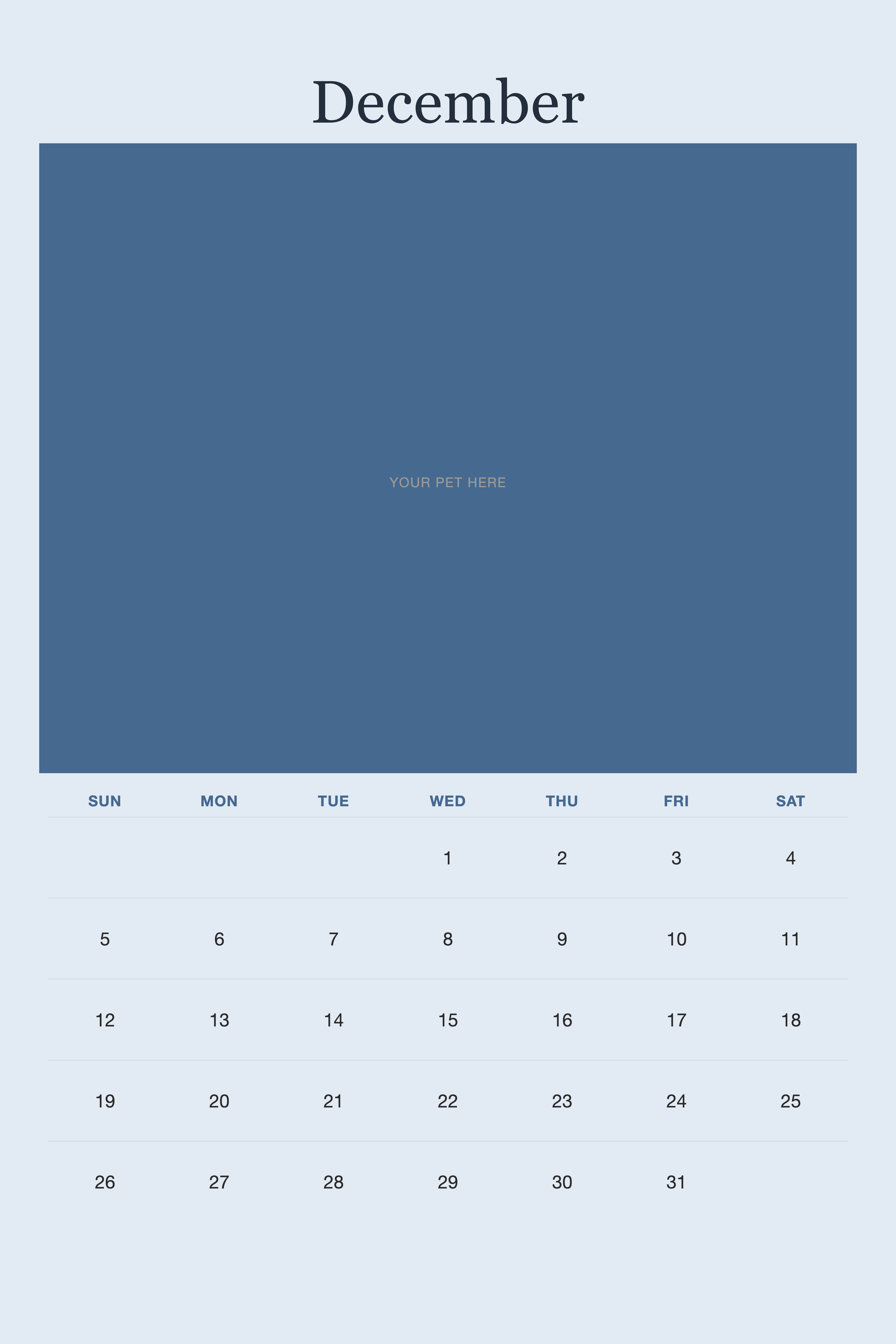 December page of the Personalized Pet Photo Calendar 2027 — XL Minimalist Blue, with a photo area above the date grid