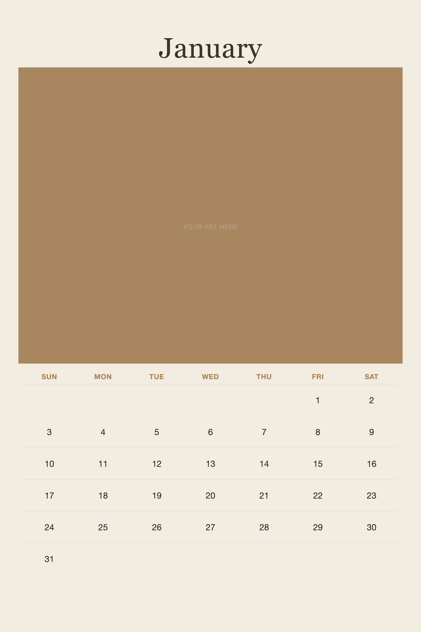 January page of the Personalized Pet Photo Calendar 2027 — XL Minimalist Linen, with a photo area above the date grid