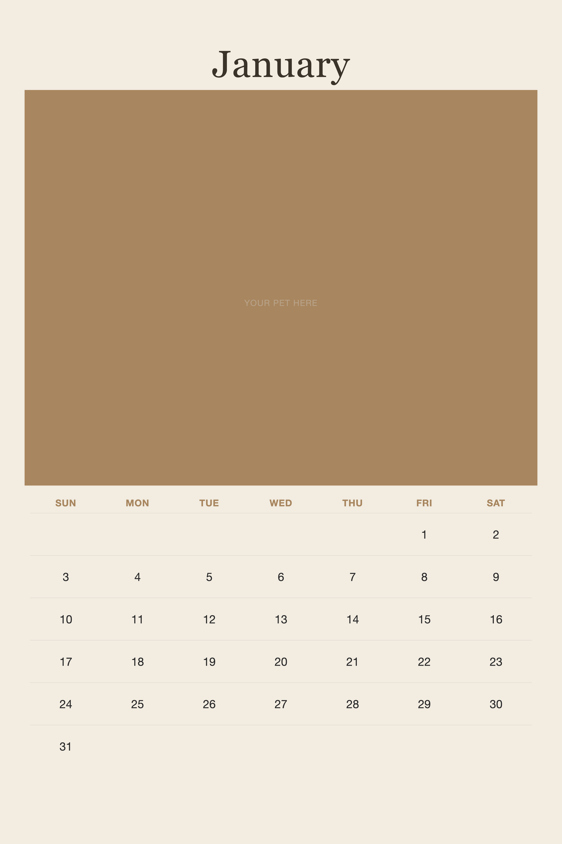 January page of the Personalized Pet Photo Calendar 2027 — XL Minimalist Linen, with a photo area above the date grid