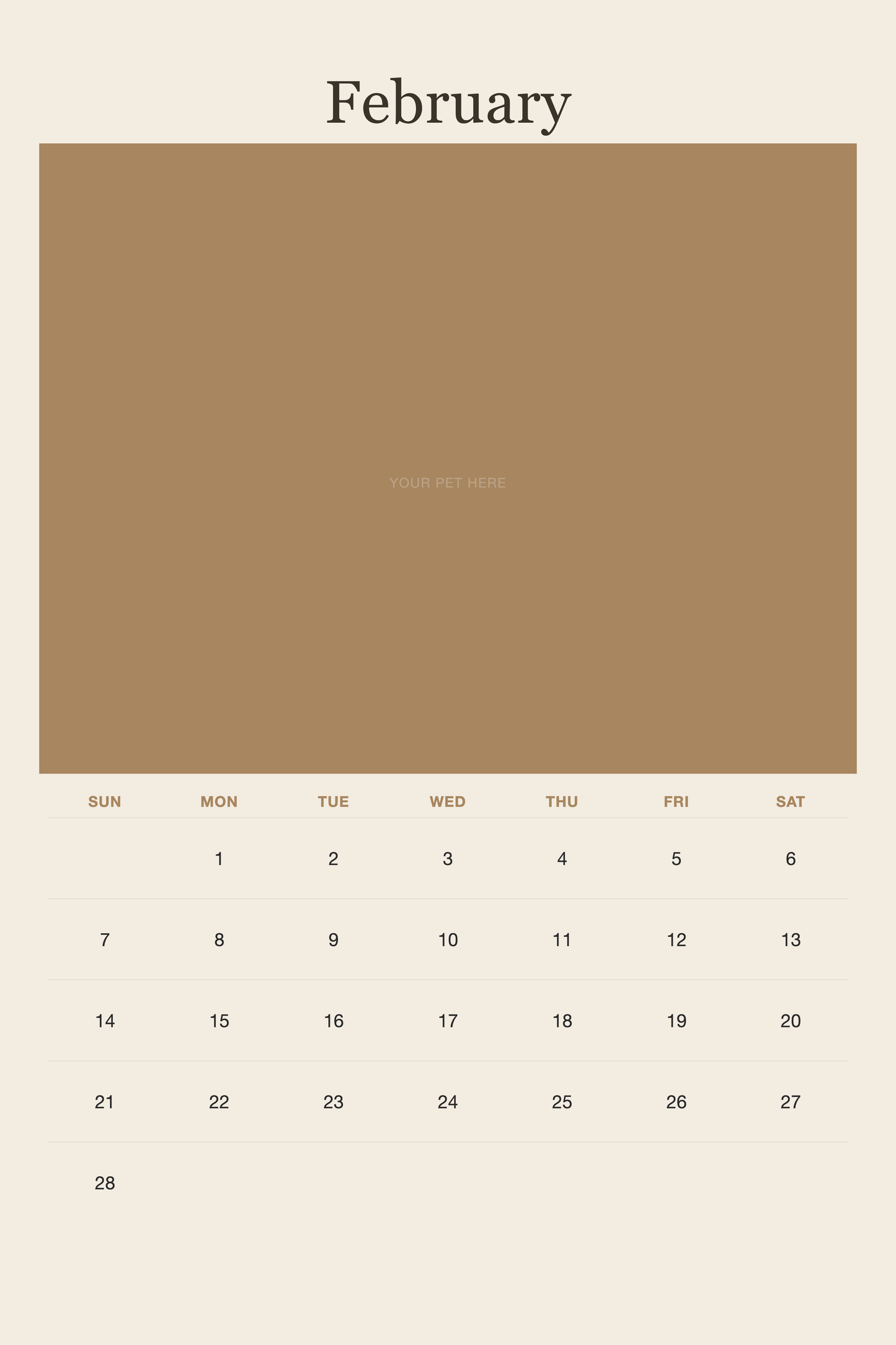 February page of the Personalized Pet Photo Calendar 2027 — XL Minimalist Linen, with a photo area above the date grid
