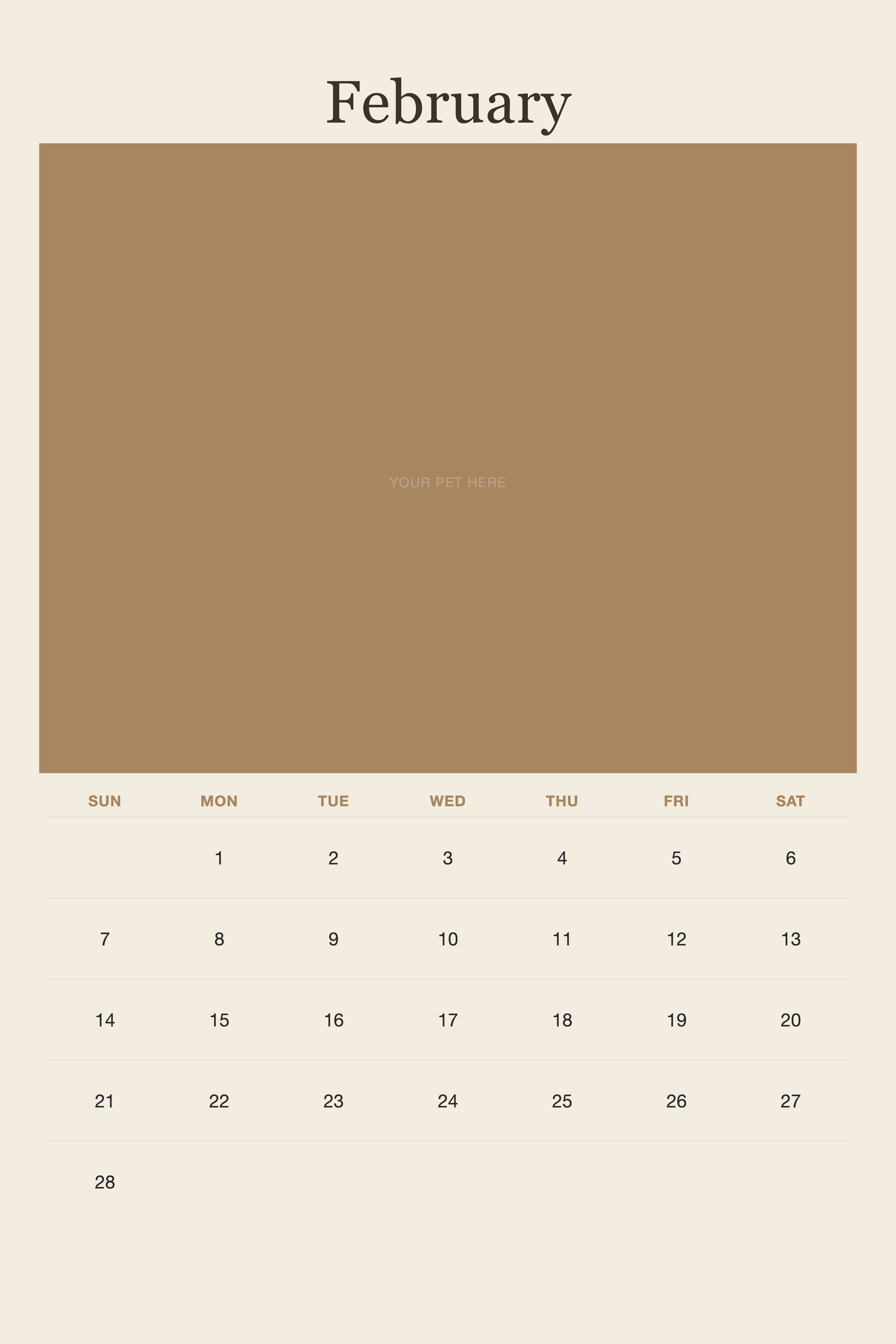 February page of the Personalized Pet Photo Calendar 2027 — XL Minimalist Linen, with a photo area above the date grid
