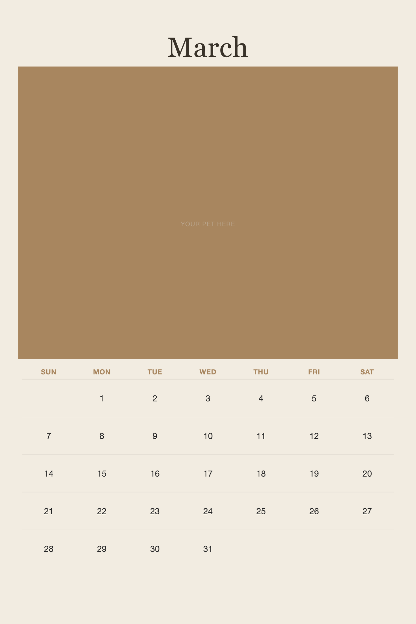 March page of the Personalized Pet Photo Calendar 2027 — XL Minimalist Linen, with a photo area above the date grid