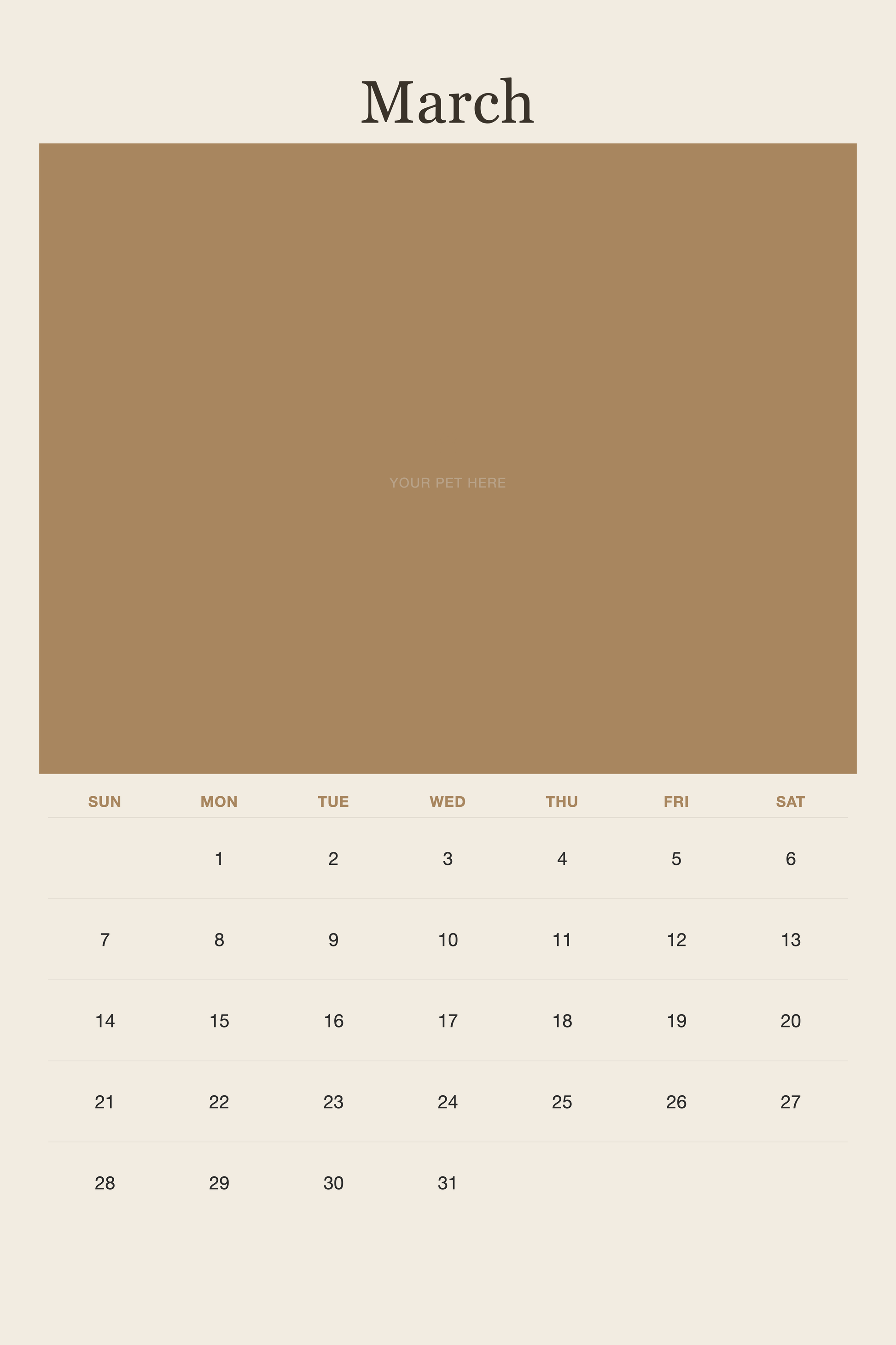 March page of the Personalized Pet Photo Calendar 2027 — XL Minimalist Linen, with a photo area above the date grid