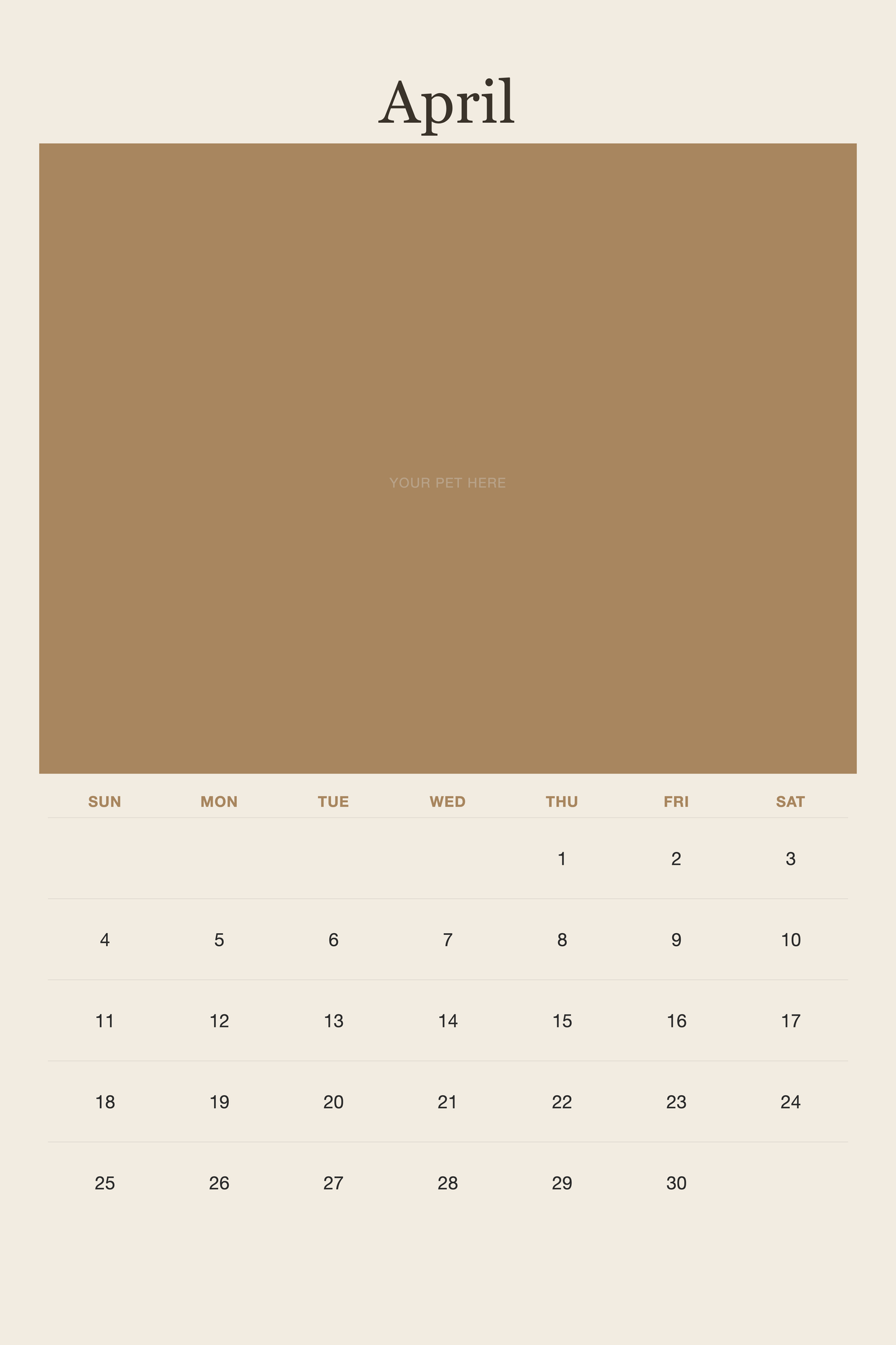 April page of the Personalized Pet Photo Calendar 2027 — XL Minimalist Linen, with a photo area above the date grid