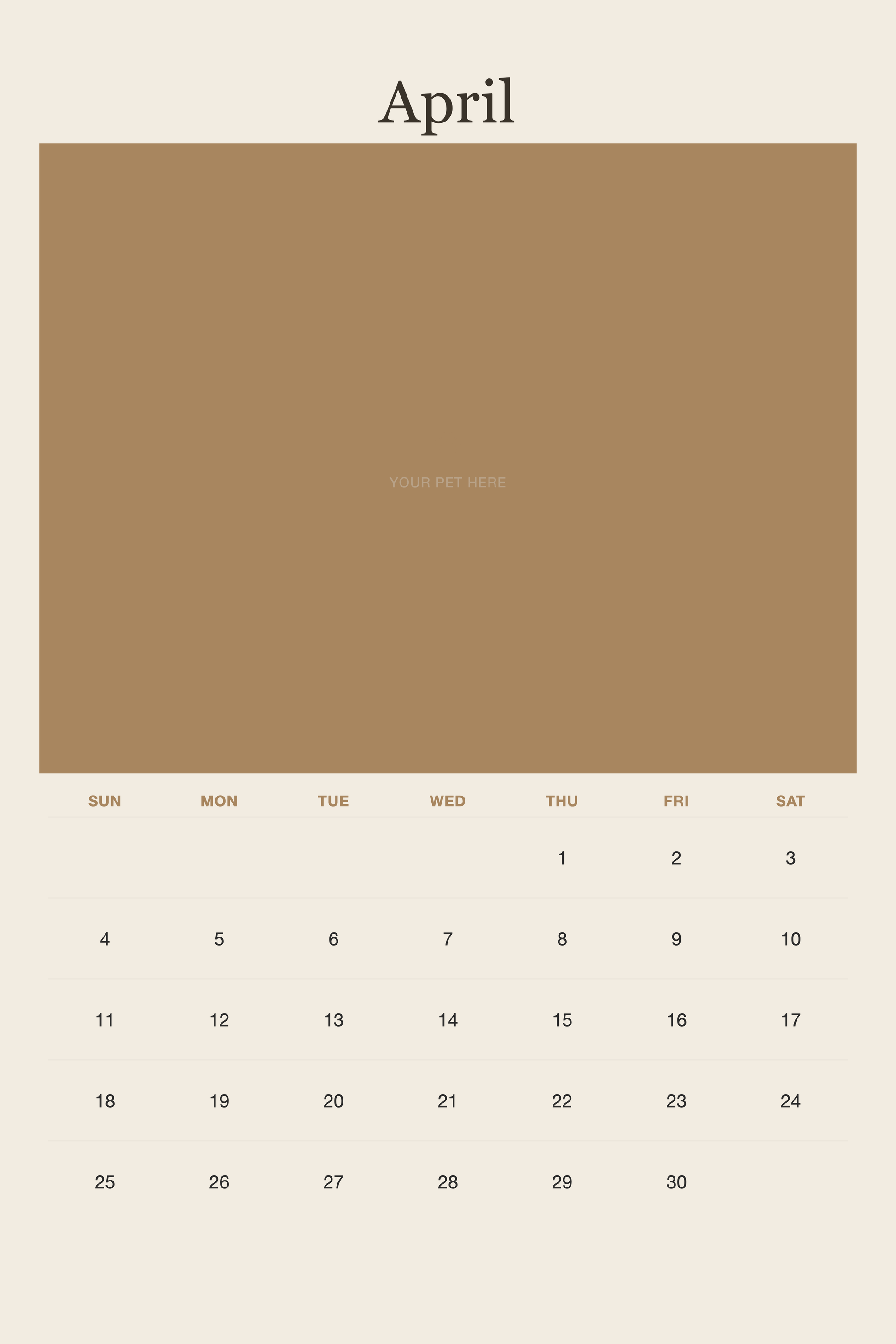April page of the Personalized Pet Photo Calendar 2027 — XL Minimalist Linen, with a photo area above the date grid
