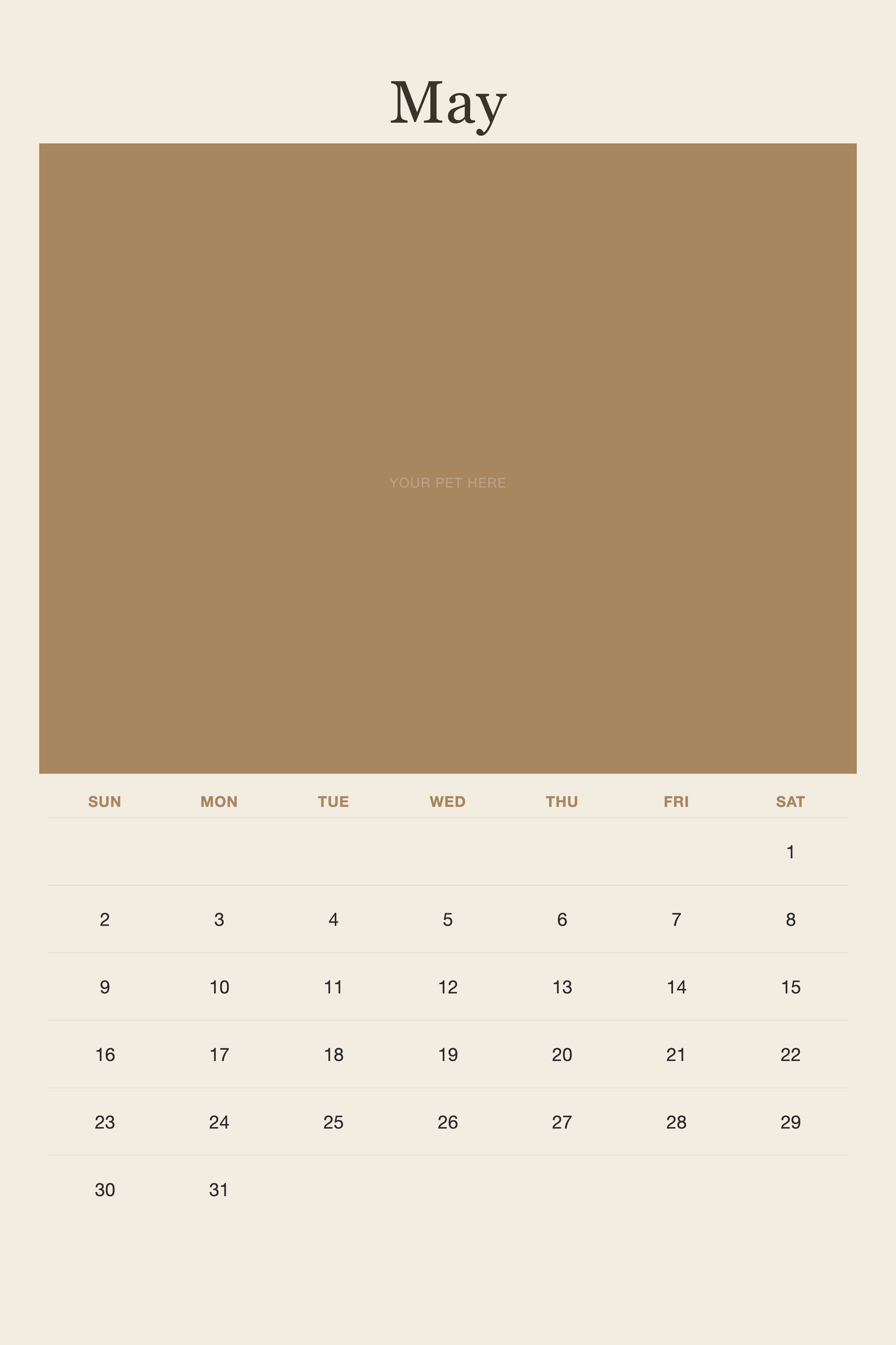 May page of the Personalized Pet Photo Calendar 2027 — XL Minimalist Linen, with a photo area above the date grid