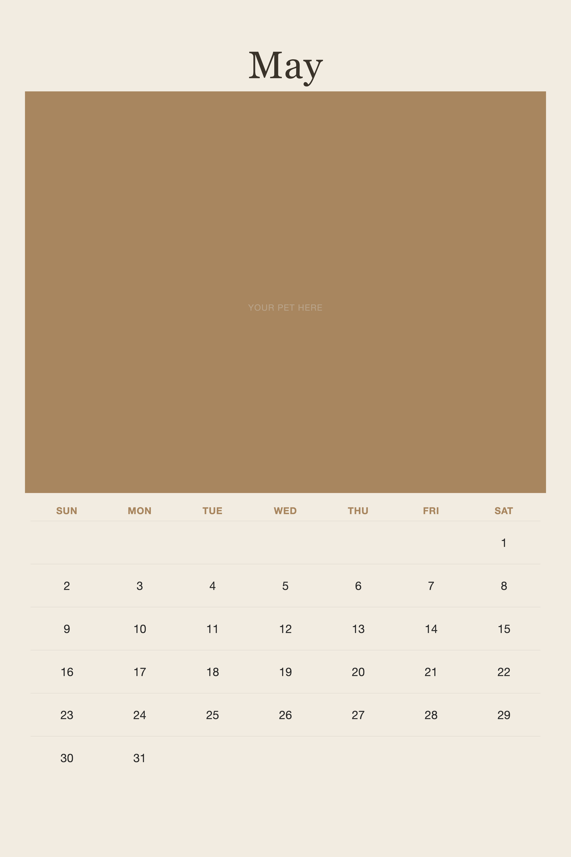 May page of the Personalized Pet Photo Calendar 2027 — XL Minimalist Linen, with a photo area above the date grid