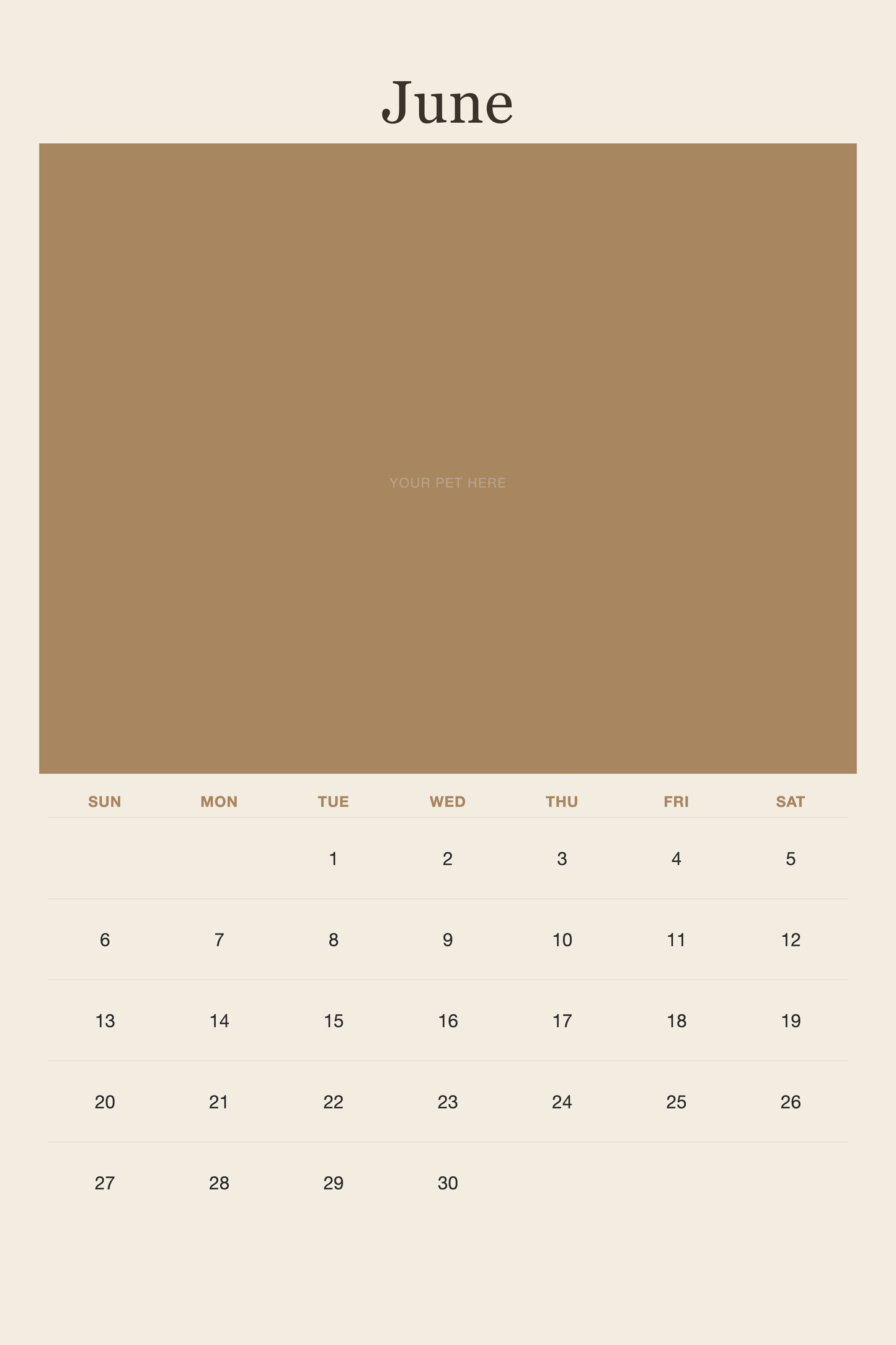 June page of the Personalized Pet Photo Calendar 2027 — XL Minimalist Linen, with a photo area above the date grid