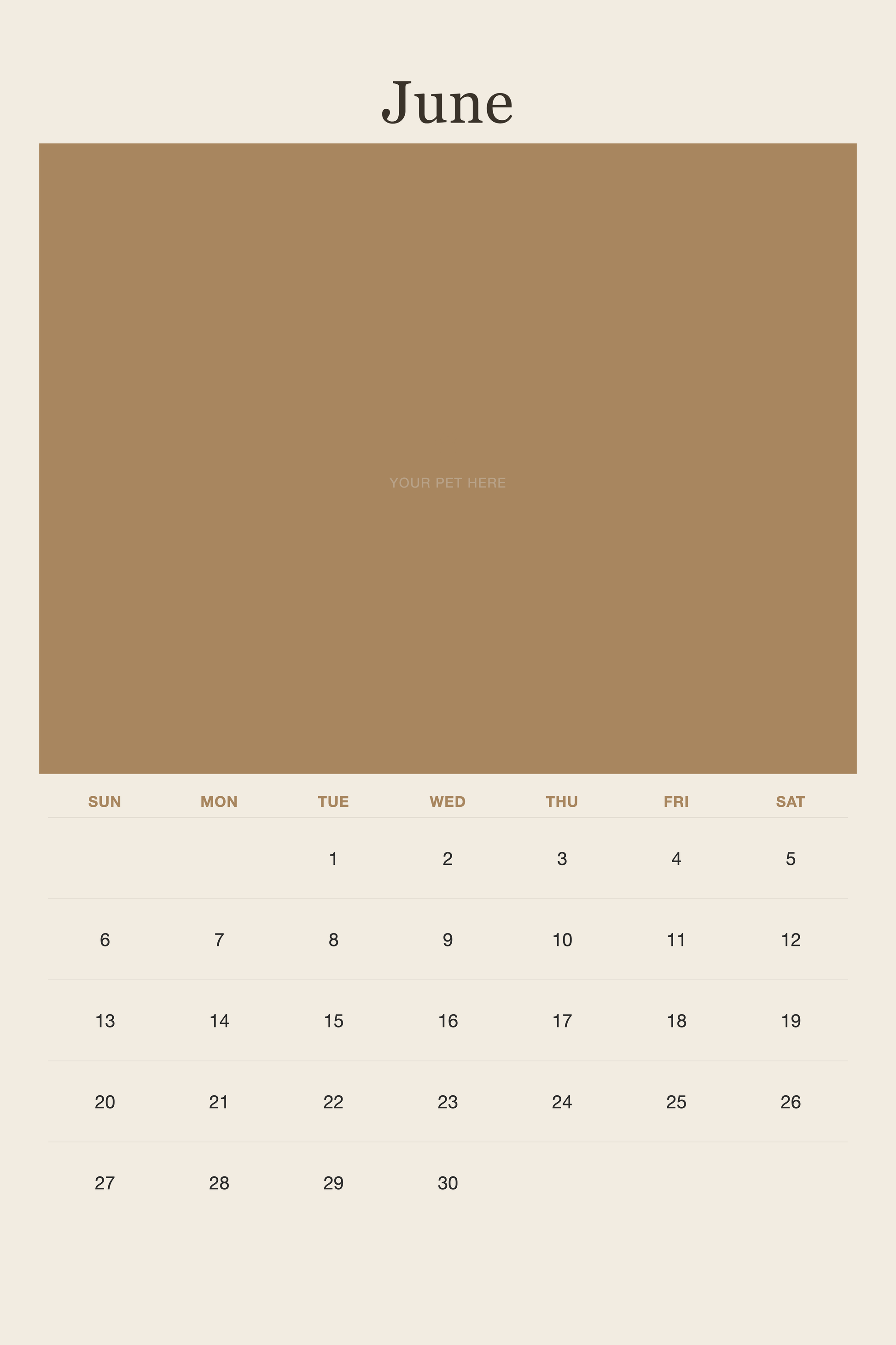 June page of the Personalized Pet Photo Calendar 2027 — XL Minimalist Linen, with a photo area above the date grid
