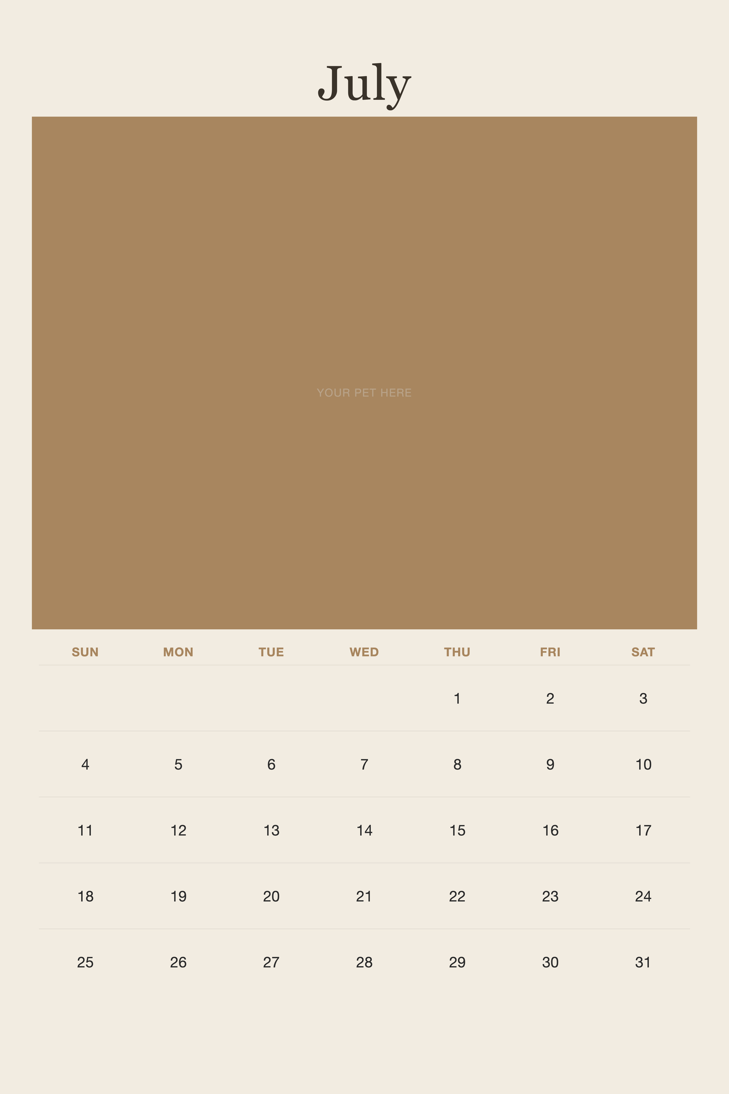 July page of the Personalized Pet Photo Calendar 2027 — XL Minimalist Linen, with a photo area above the date grid