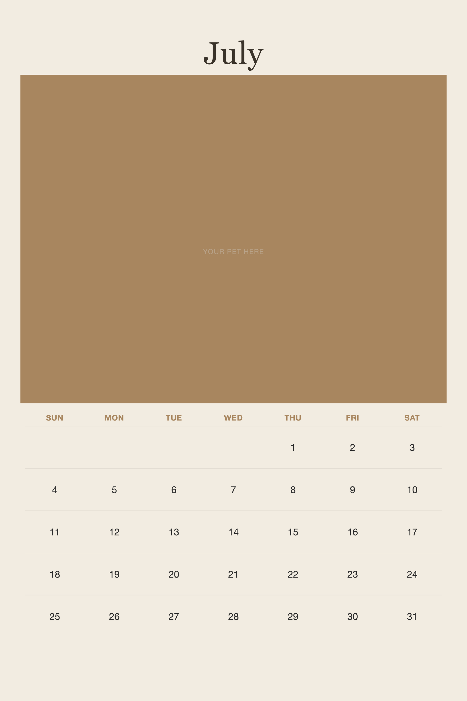 July page of the Personalized Pet Photo Calendar 2027 — XL Minimalist Linen, with a photo area above the date grid