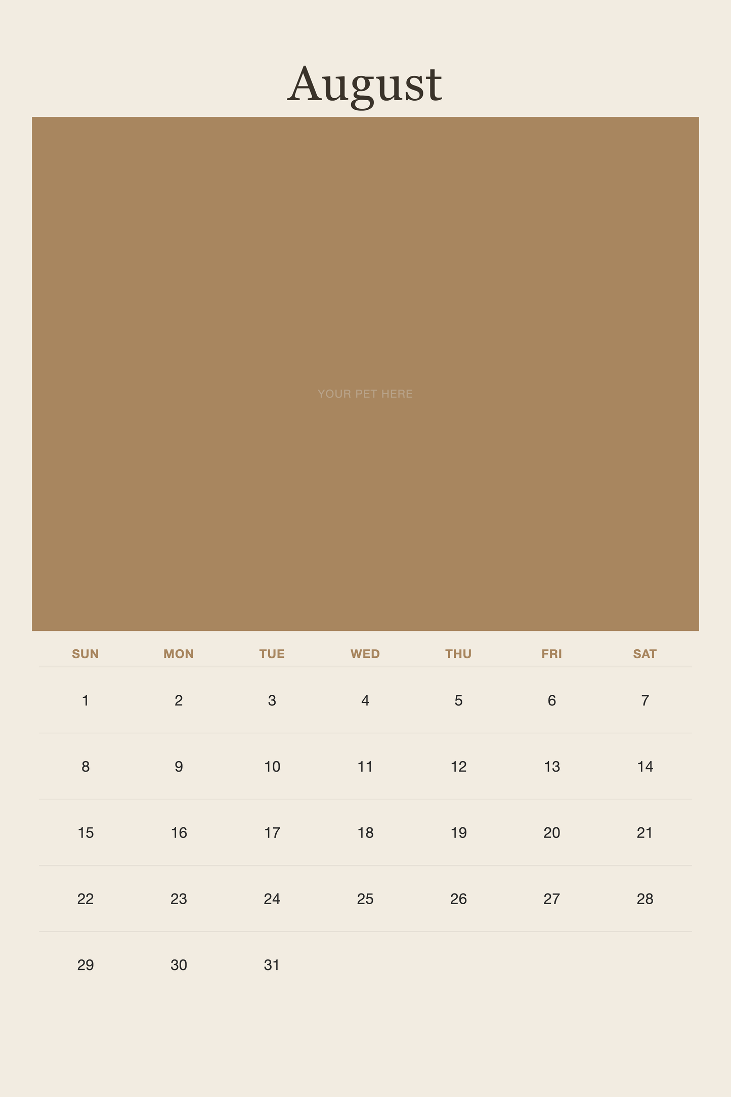 August page of the Personalized Pet Photo Calendar 2027 — XL Minimalist Linen, with a photo area above the date grid