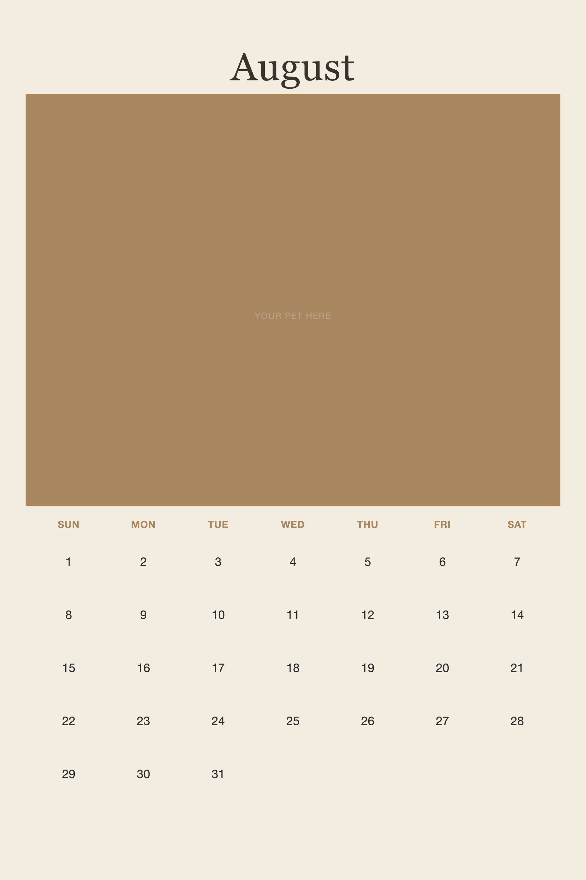August page of the Personalized Pet Photo Calendar 2027 — XL Minimalist Linen, with a photo area above the date grid