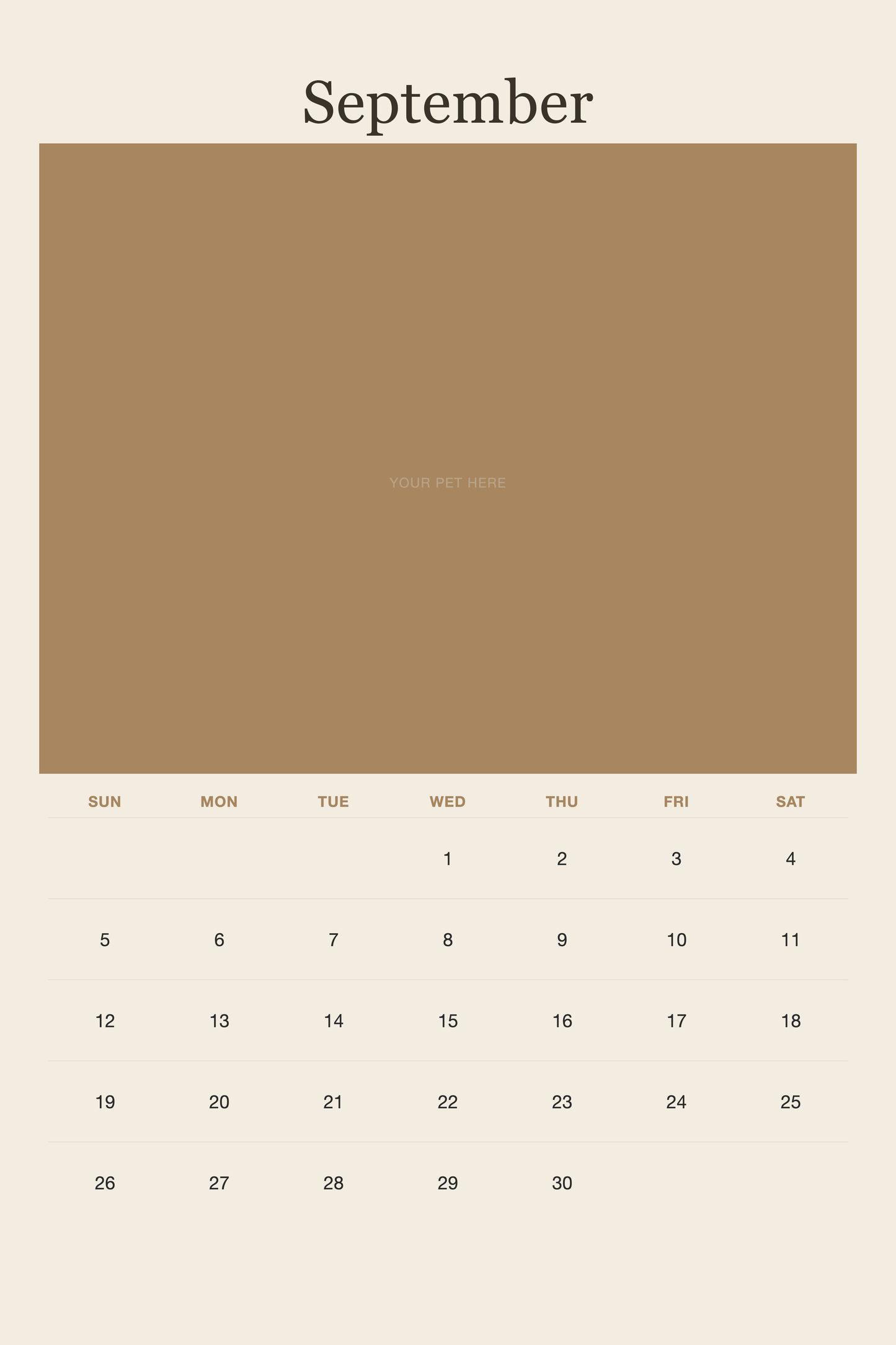 September page of the Personalized Pet Photo Calendar 2027 — XL Minimalist Linen, with a photo area above the date grid