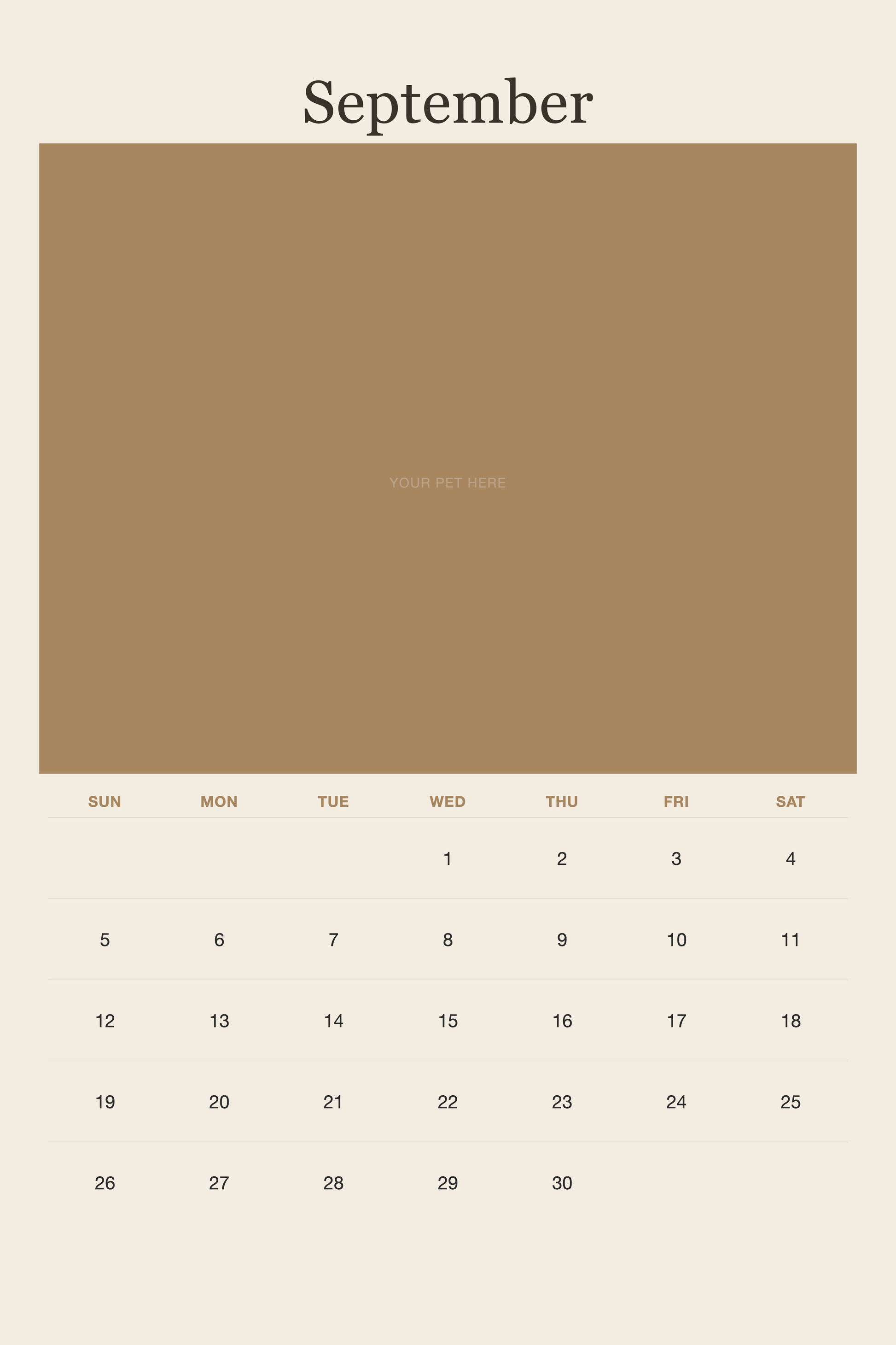 September page of the Personalized Pet Photo Calendar 2027 — XL Minimalist Linen, with a photo area above the date grid