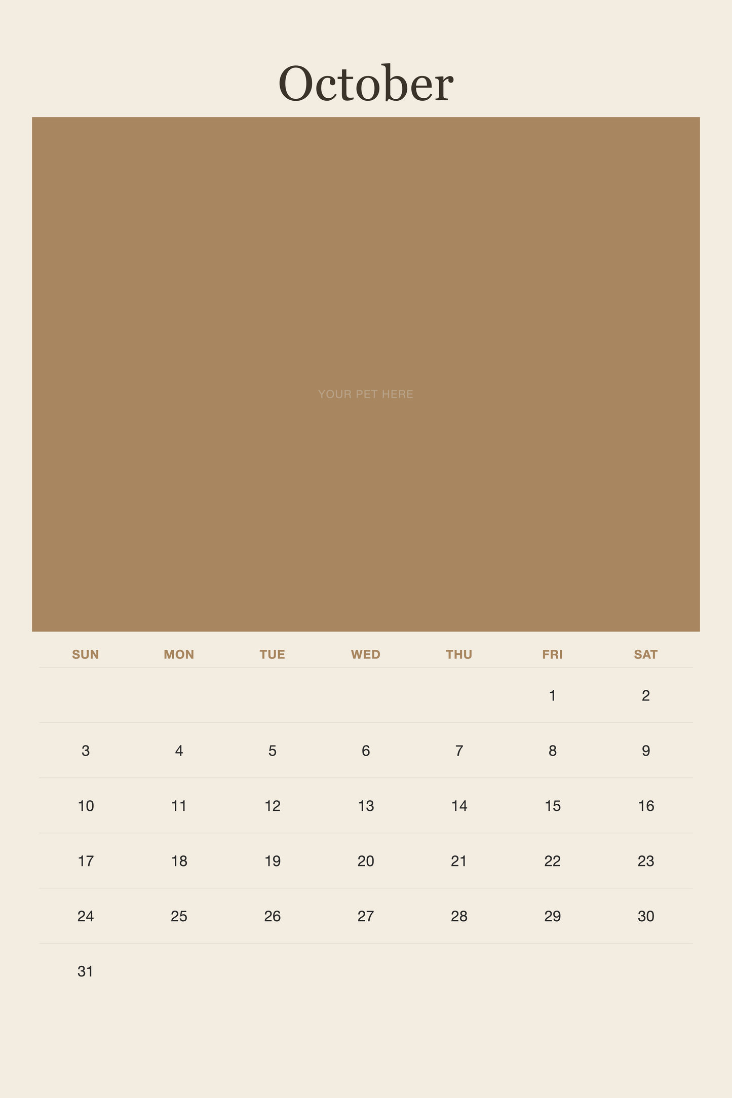 October page of the Personalized Pet Photo Calendar 2027 — XL Minimalist Linen, with a photo area above the date grid