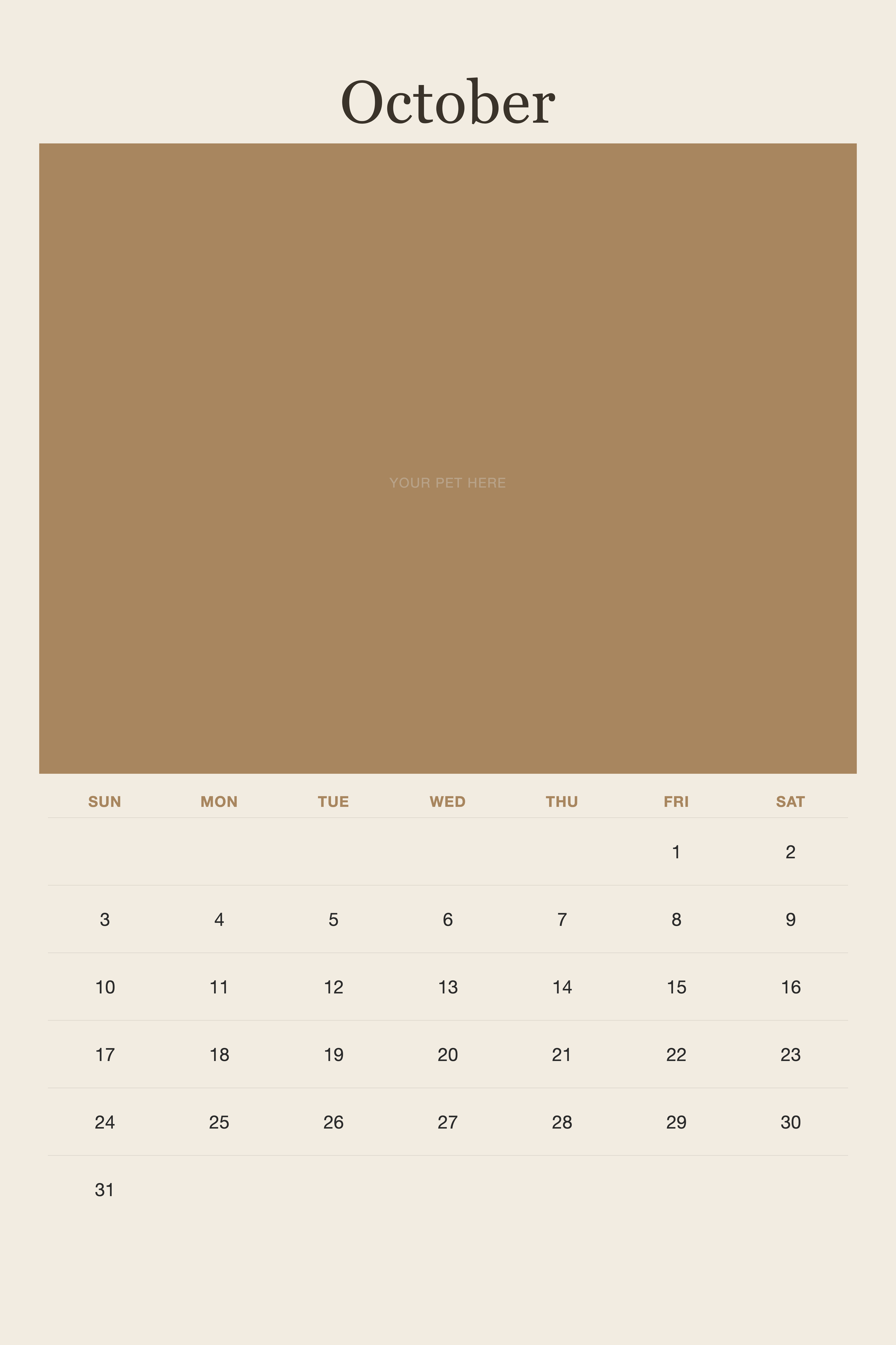 October page of the Personalized Pet Photo Calendar 2027 — XL Minimalist Linen, with a photo area above the date grid