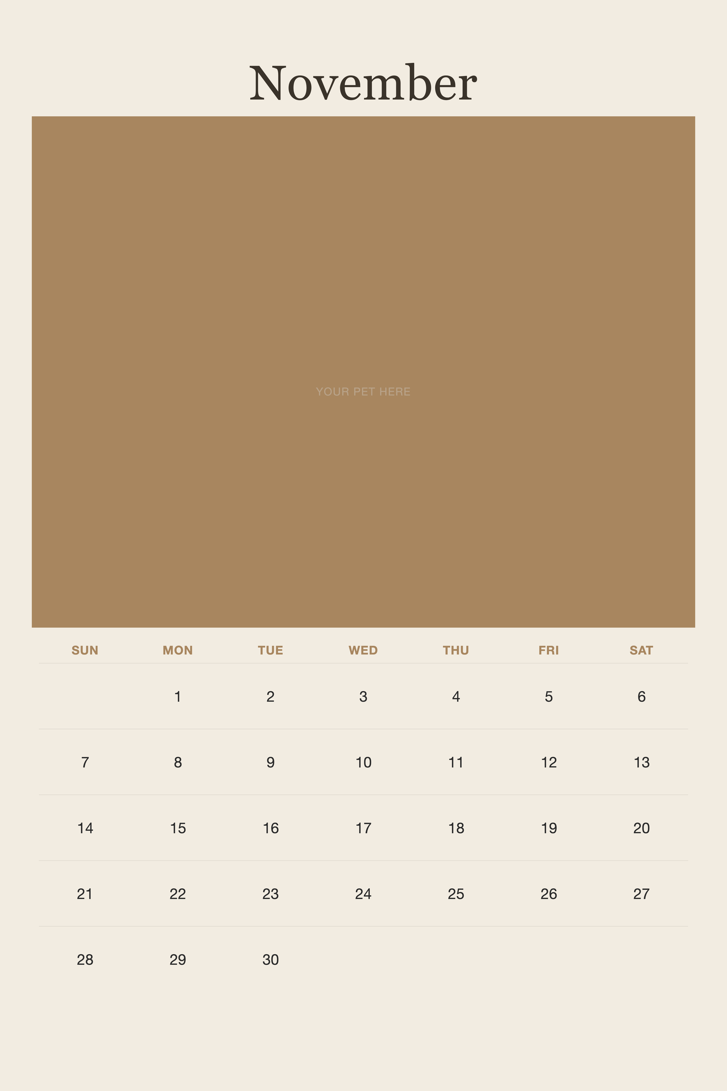 November page of the Personalized Pet Photo Calendar 2027 — XL Minimalist Linen, with a photo area above the date grid