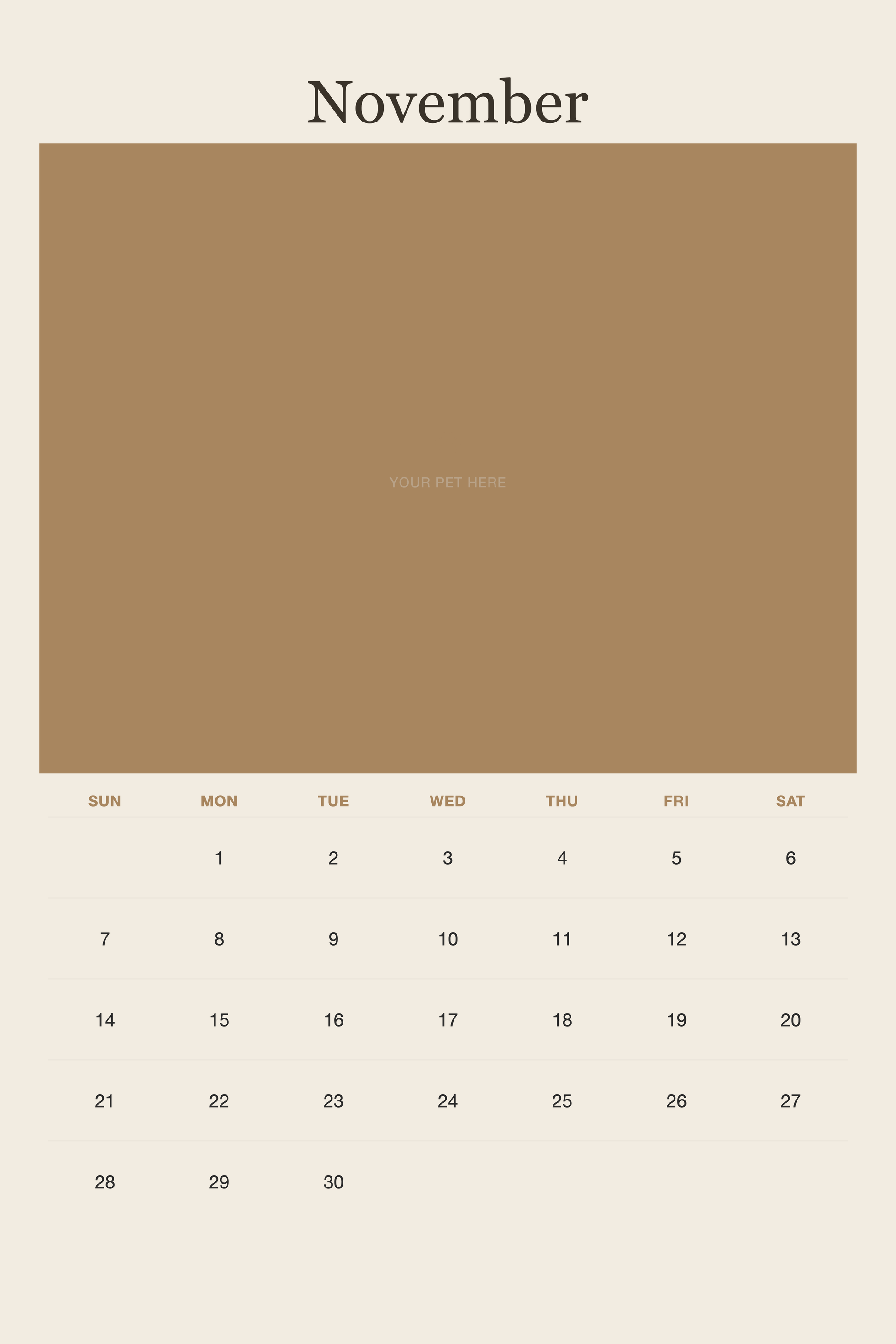 November page of the Personalized Pet Photo Calendar 2027 — XL Minimalist Linen, with a photo area above the date grid