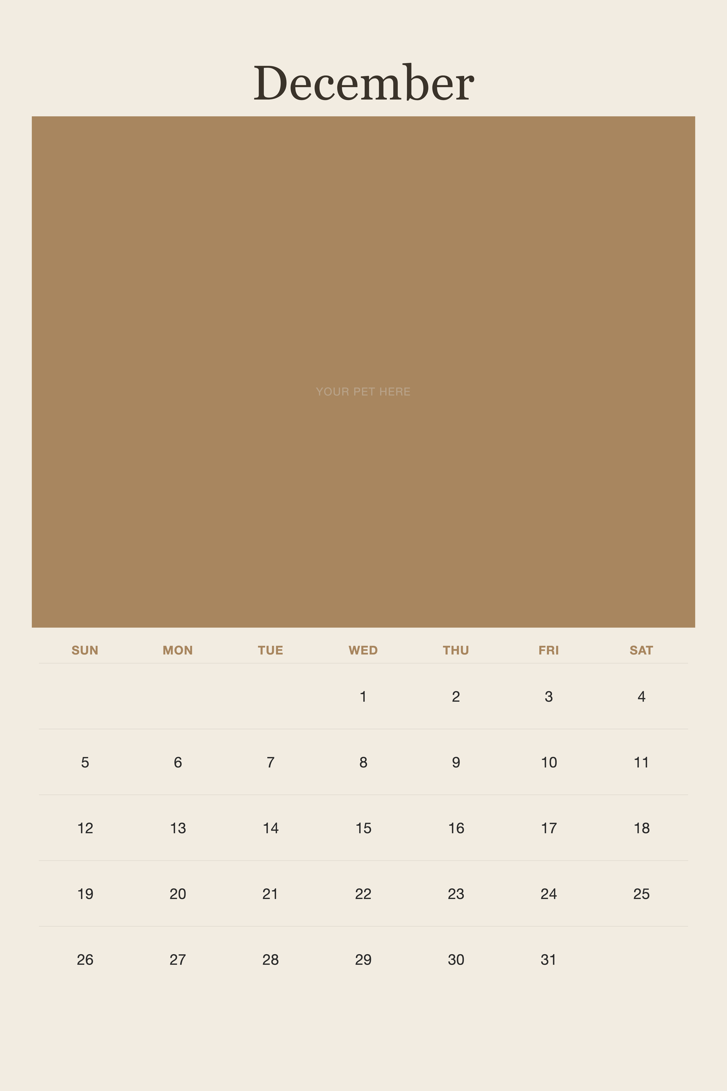December page of the Personalized Pet Photo Calendar 2027 — XL Minimalist Linen, with a photo area above the date grid