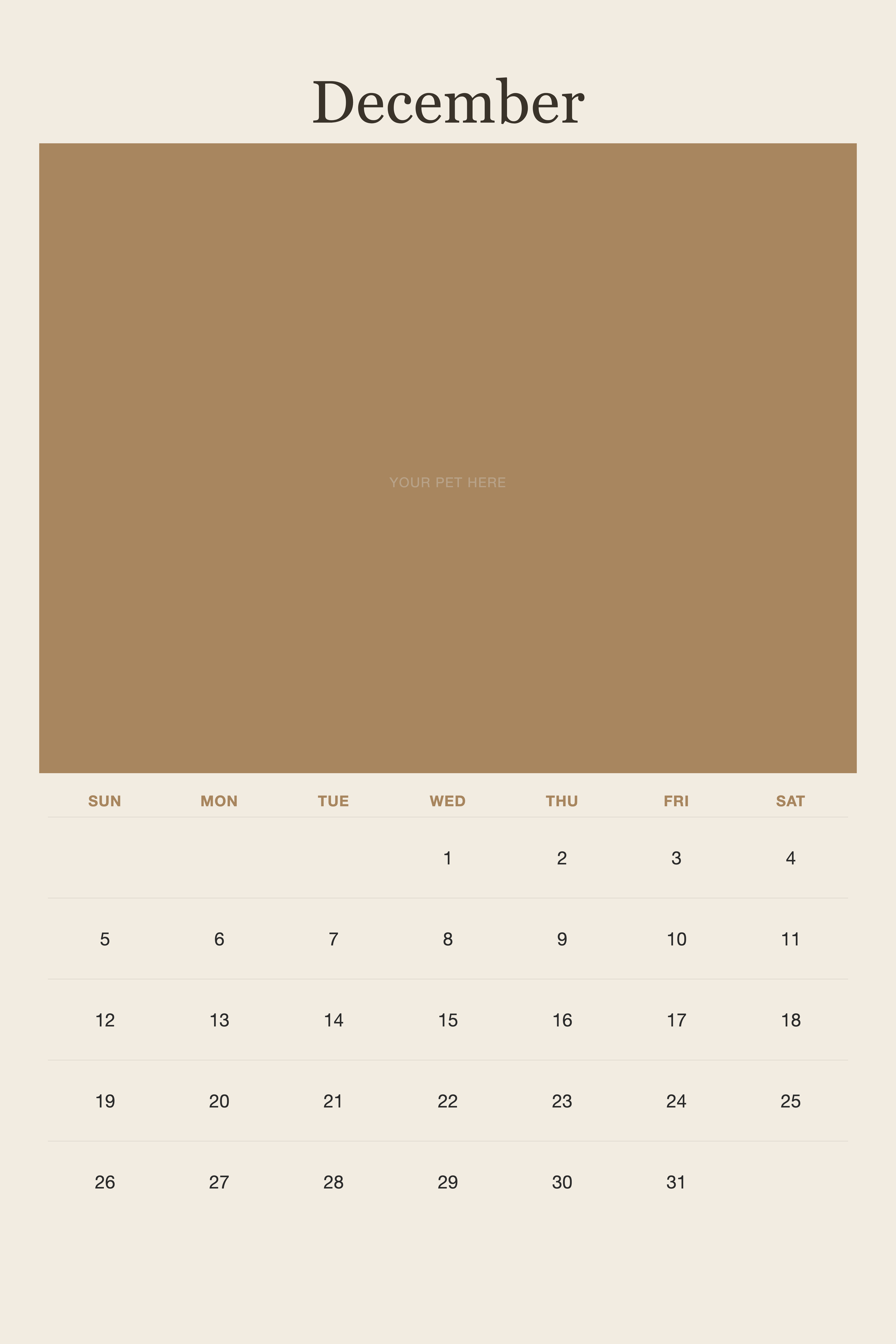 December page of the Personalized Pet Photo Calendar 2027 — XL Minimalist Linen, with a photo area above the date grid