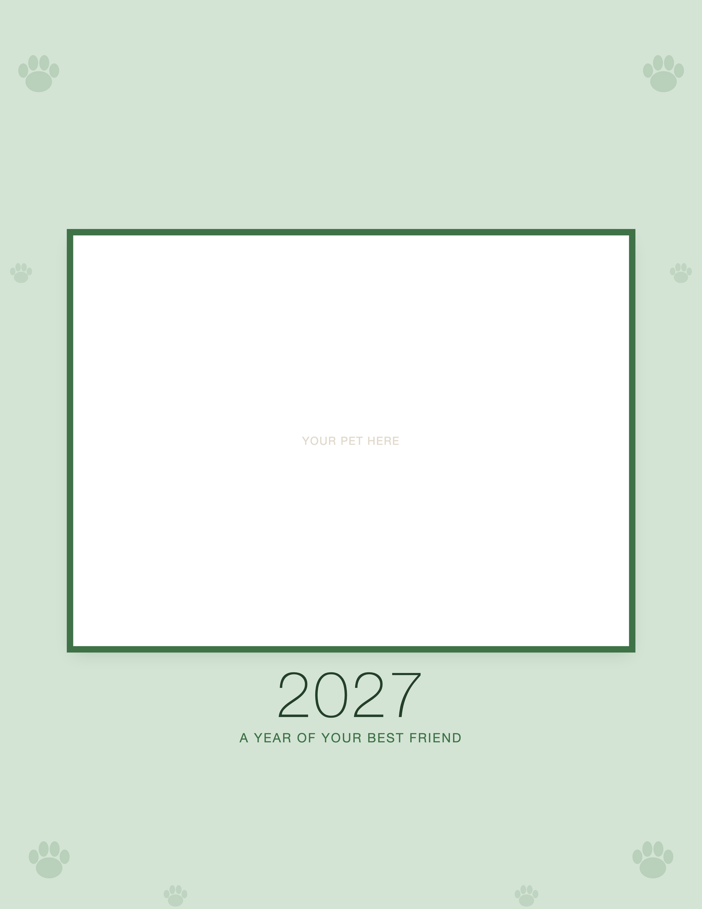 Cover of the Personalized Pet Photo Calendar 2027 — Minimalist Sage, with space for your pet's photo and name