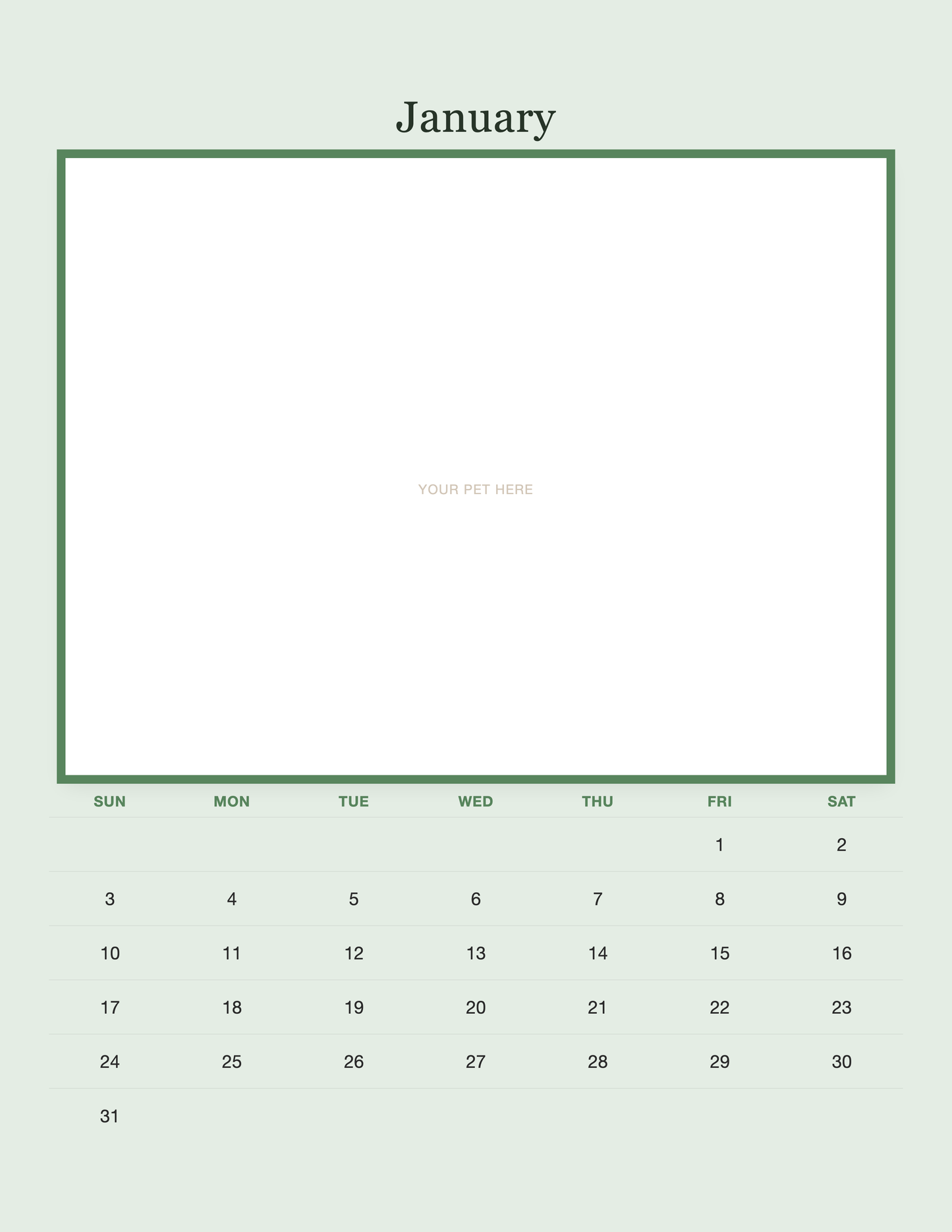 January page of the Personalized Pet Photo Calendar 2027 — Minimalist Sage, with a photo area above the date grid
