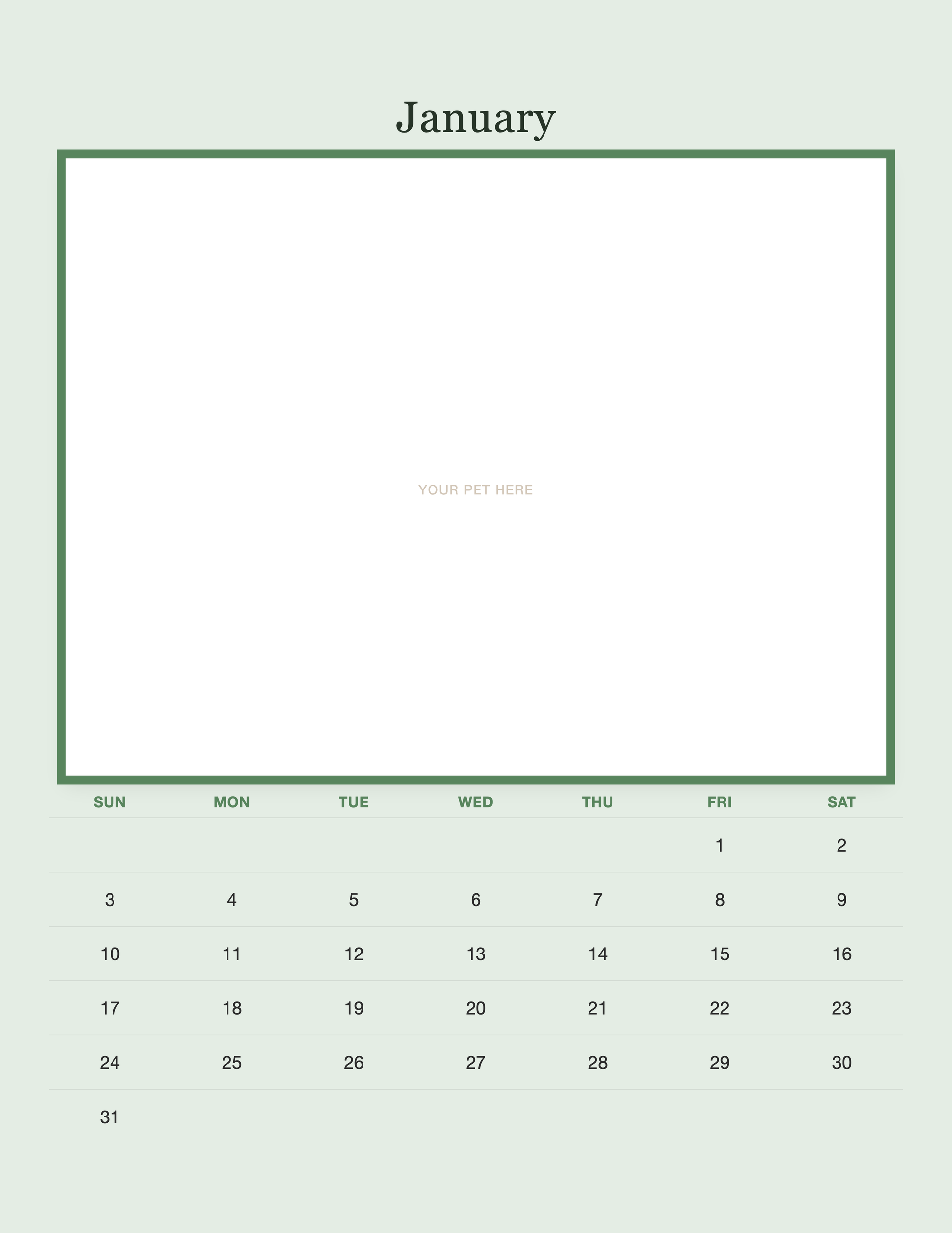 January page of the Personalized Pet Photo Calendar 2027 — Minimalist Sage, with a photo area above the date grid