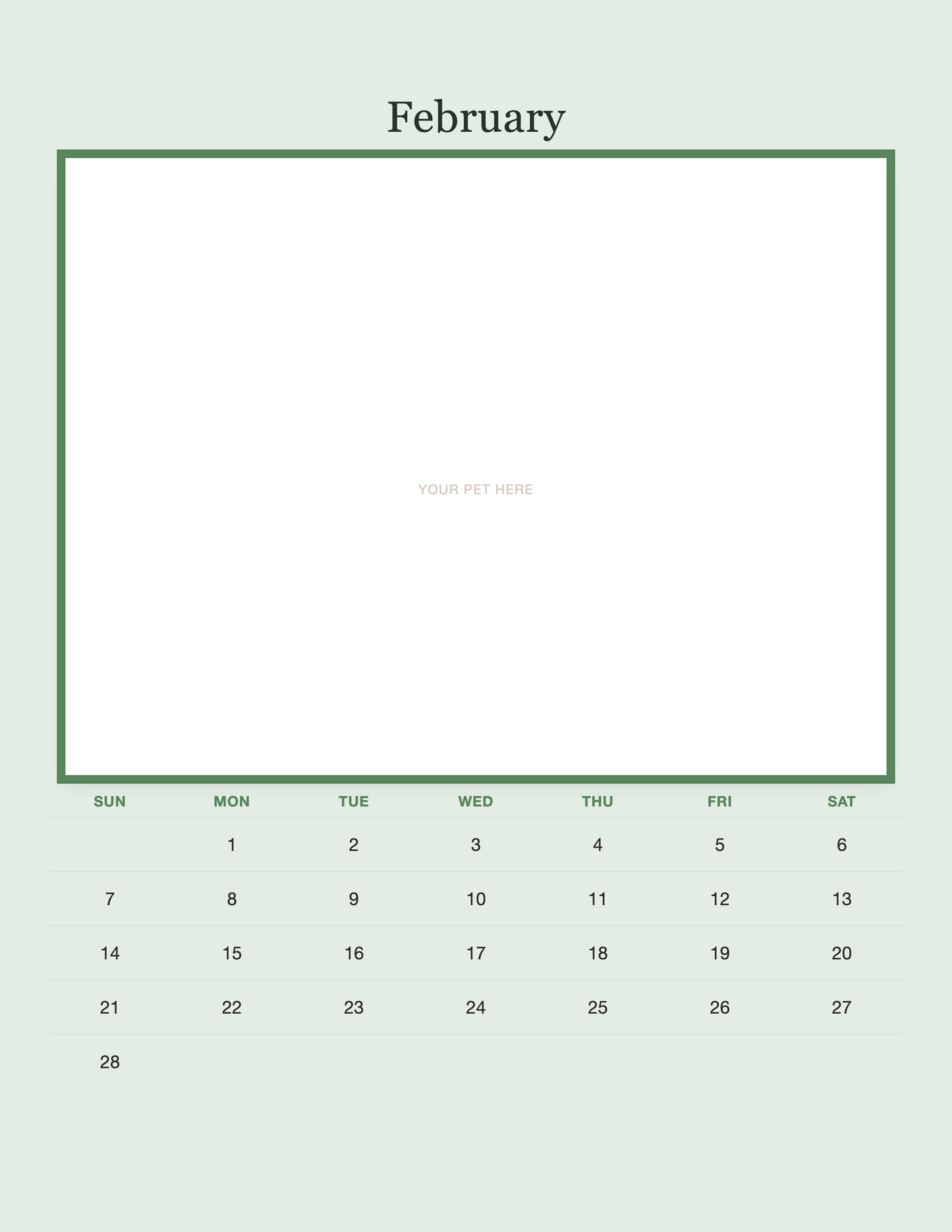 February page of the Personalized Pet Photo Calendar 2027 — Minimalist Sage, with a photo area above the date grid