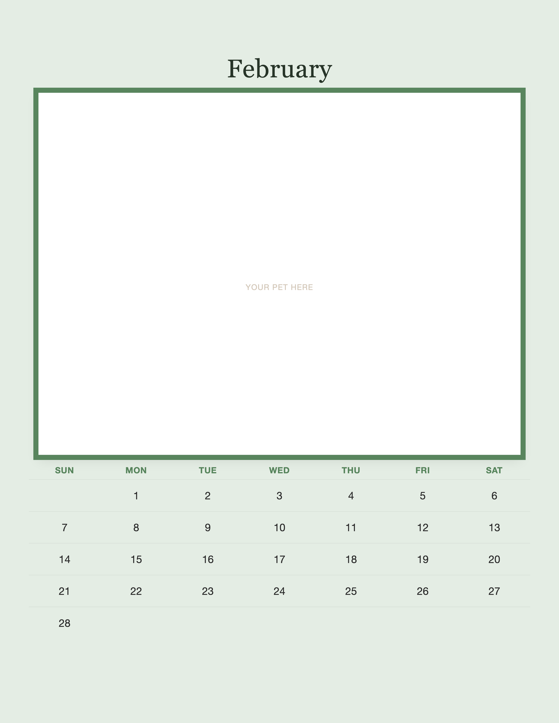 February page of the Personalized Pet Photo Calendar 2027 — Minimalist Sage, with a photo area above the date grid