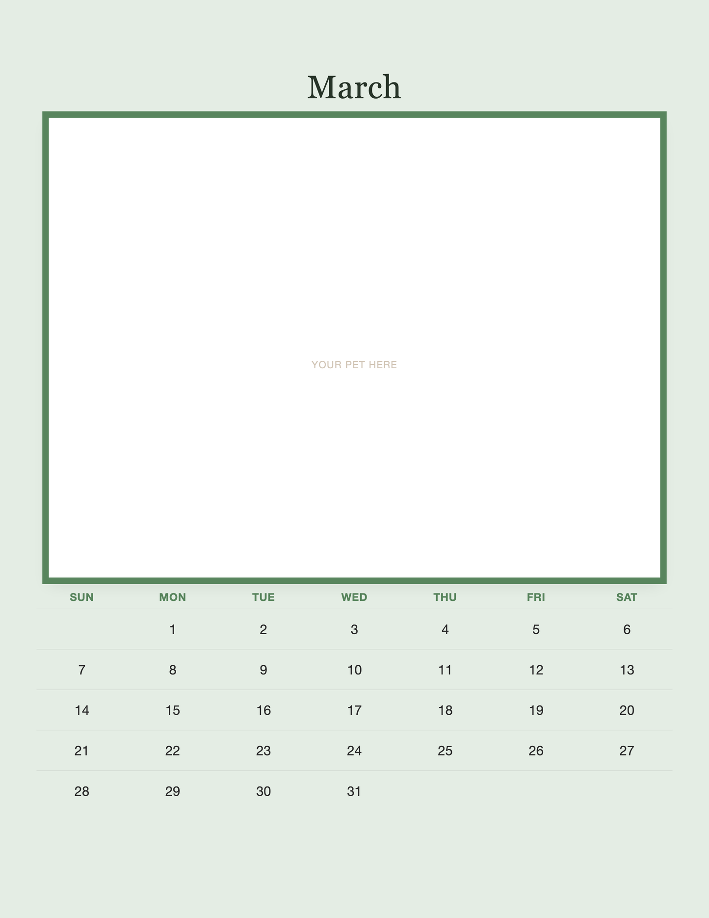 March page of the Personalized Pet Photo Calendar 2027 — Minimalist Sage, with a photo area above the date grid