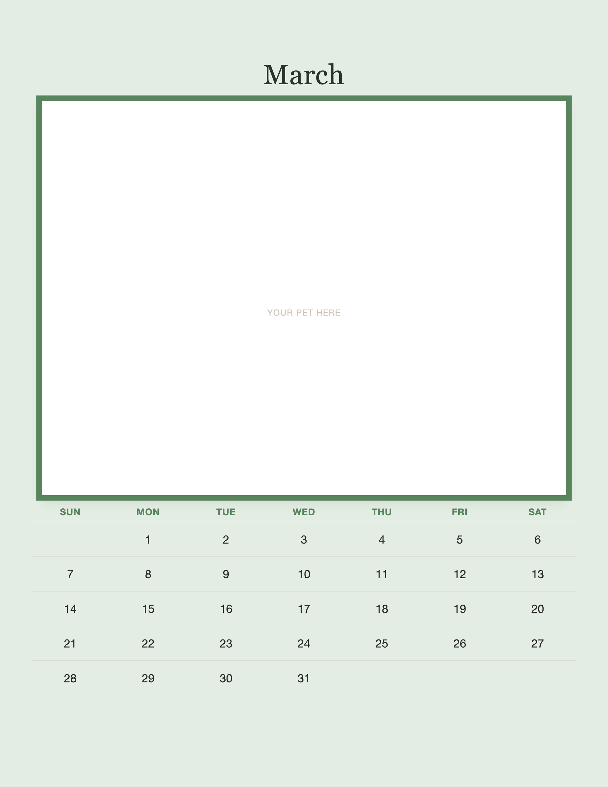 March page of the Personalized Pet Photo Calendar 2027 — Minimalist Sage, with a photo area above the date grid