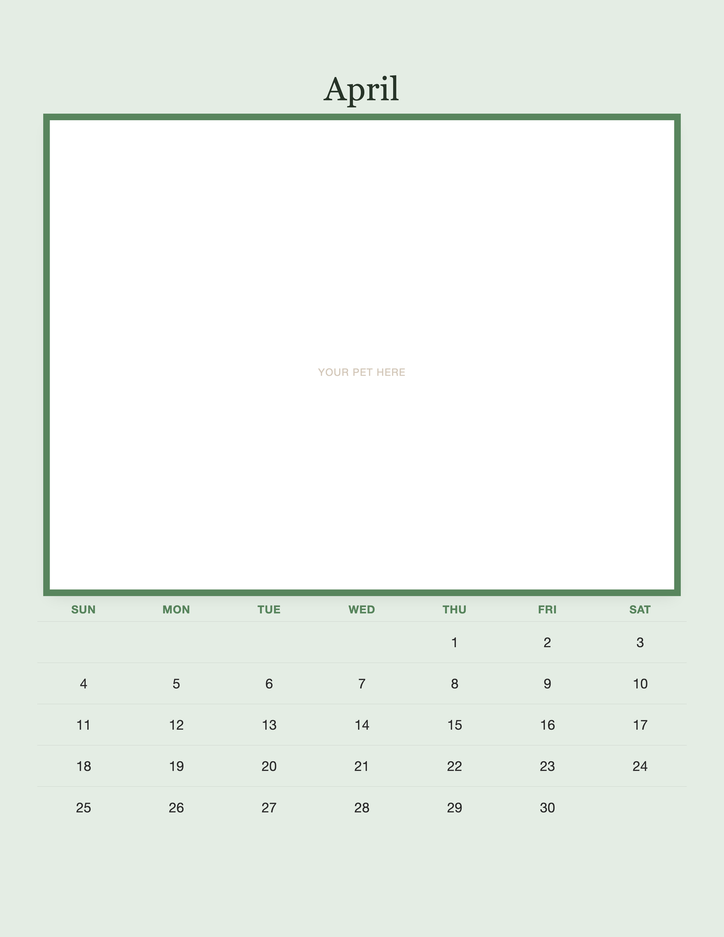 April page of the Personalized Pet Photo Calendar 2027 — Minimalist Sage, with a photo area above the date grid