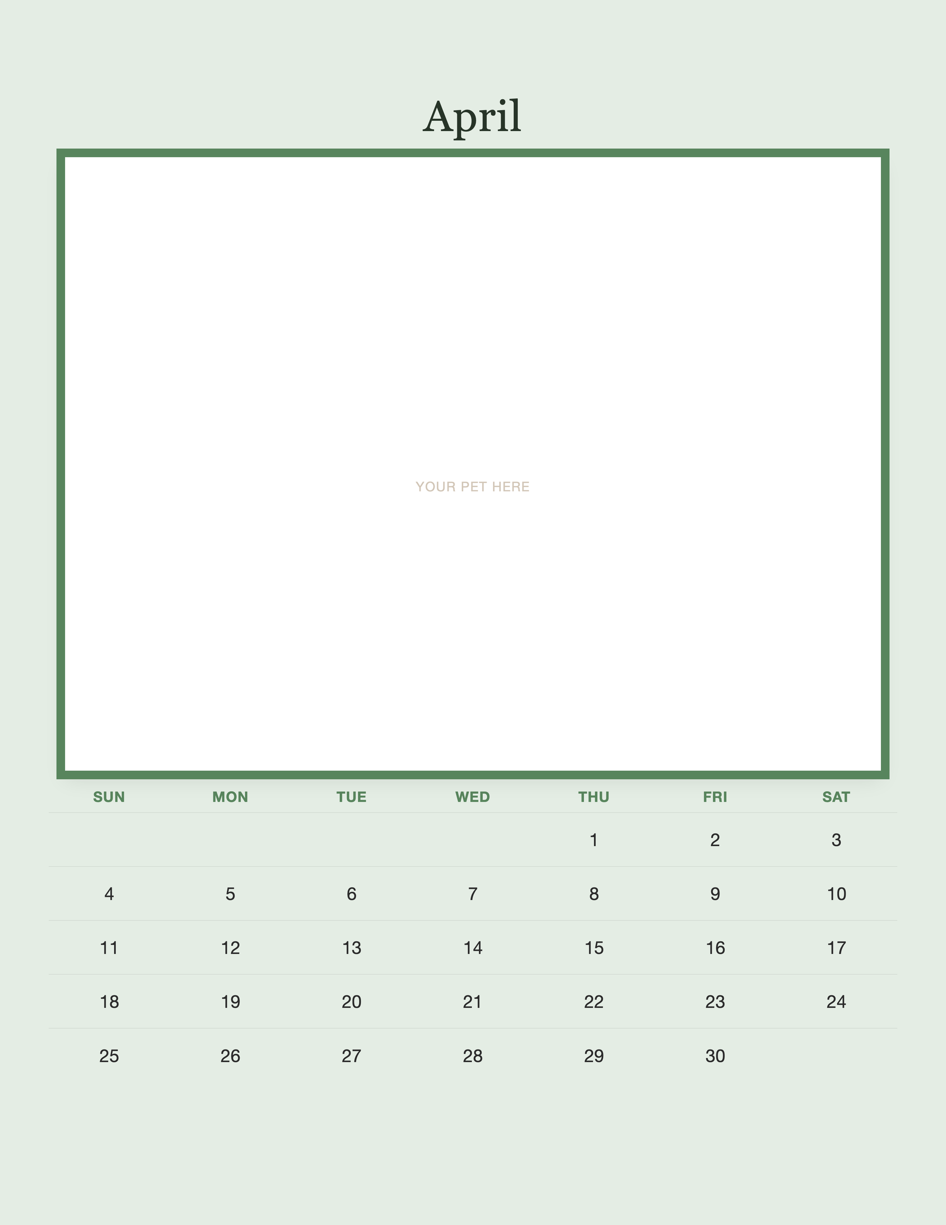 April page of the Personalized Pet Photo Calendar 2027 — Minimalist Sage, with a photo area above the date grid