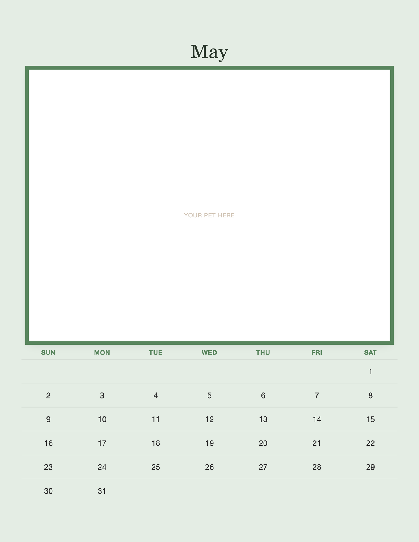 May page of the Personalized Pet Photo Calendar 2027 — Minimalist Sage, with a photo area above the date grid