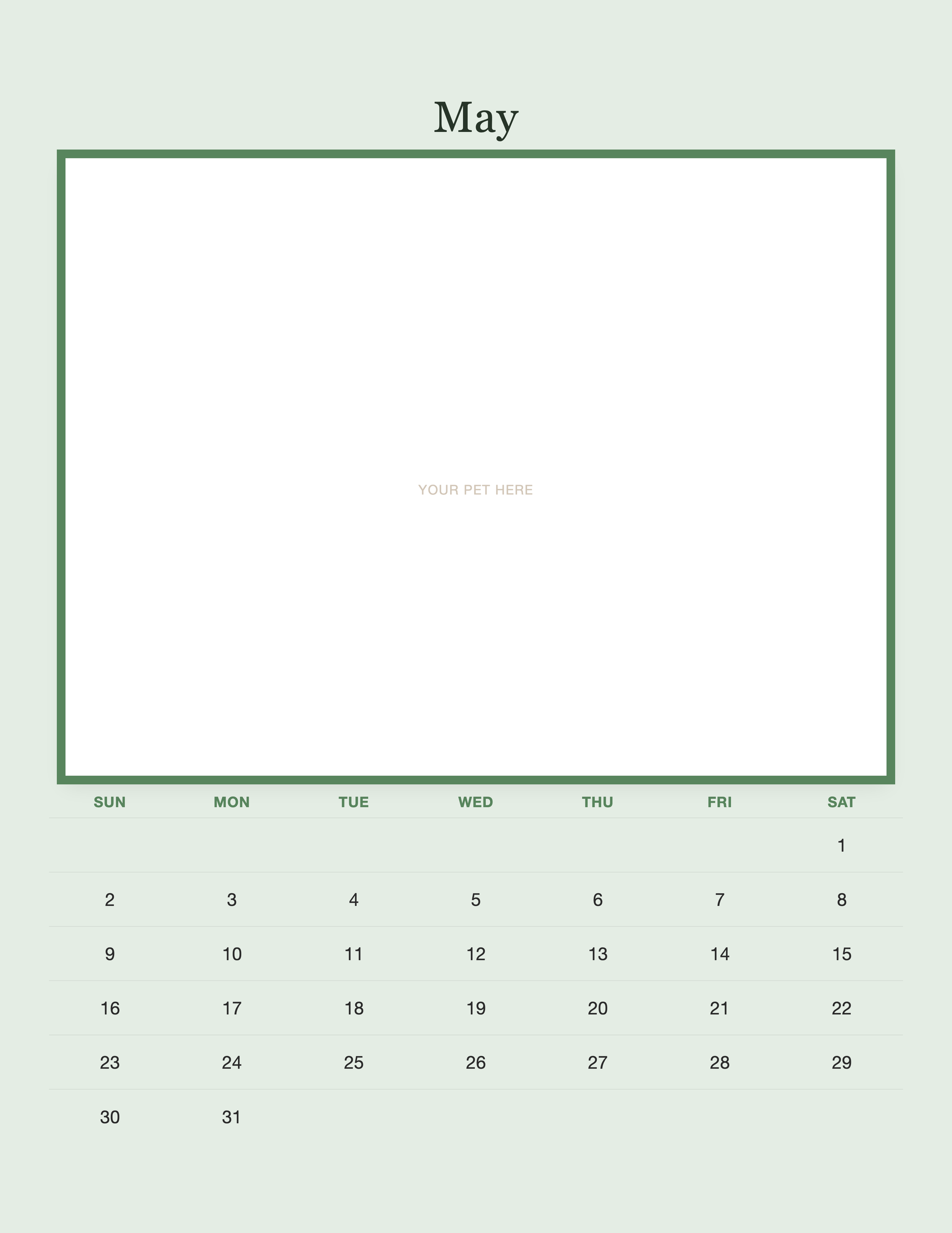 May page of the Personalized Pet Photo Calendar 2027 — Minimalist Sage, with a photo area above the date grid