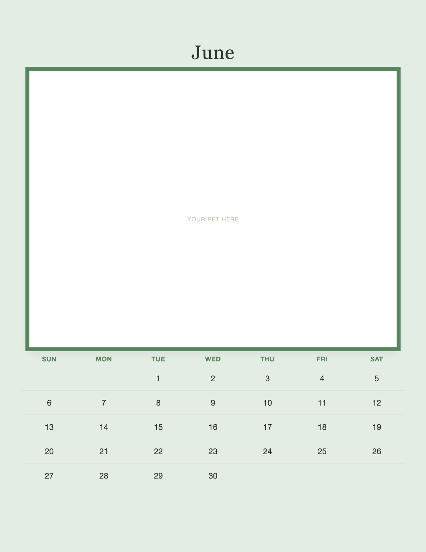 June page of the Personalized Pet Photo Calendar 2027 — Minimalist Sage, with a photo area above the date grid