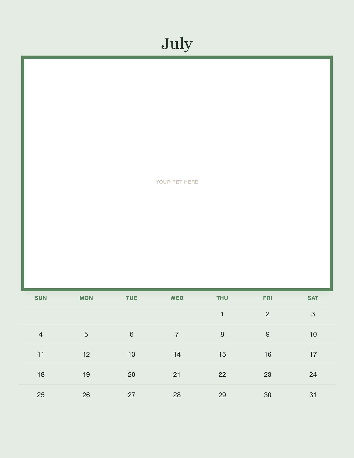July page of the Personalized Pet Photo Calendar 2027 — Minimalist Sage, with a photo area above the date grid