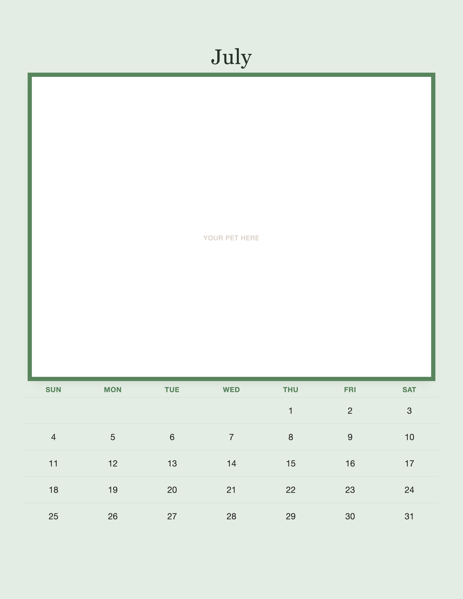 July page of the Personalized Pet Photo Calendar 2027 — Minimalist Sage, with a photo area above the date grid