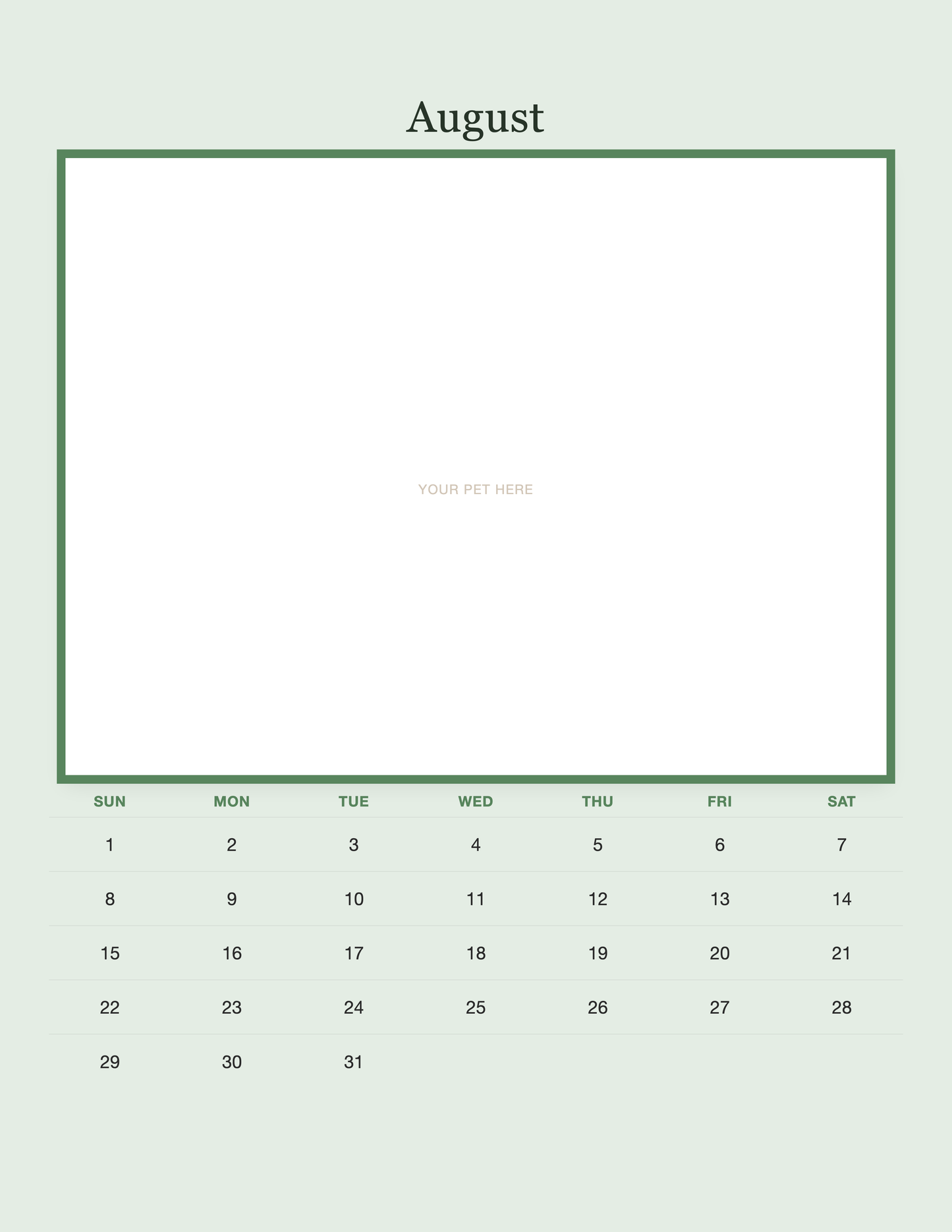 August page of the Personalized Pet Photo Calendar 2027 — Minimalist Sage, with a photo area above the date grid
