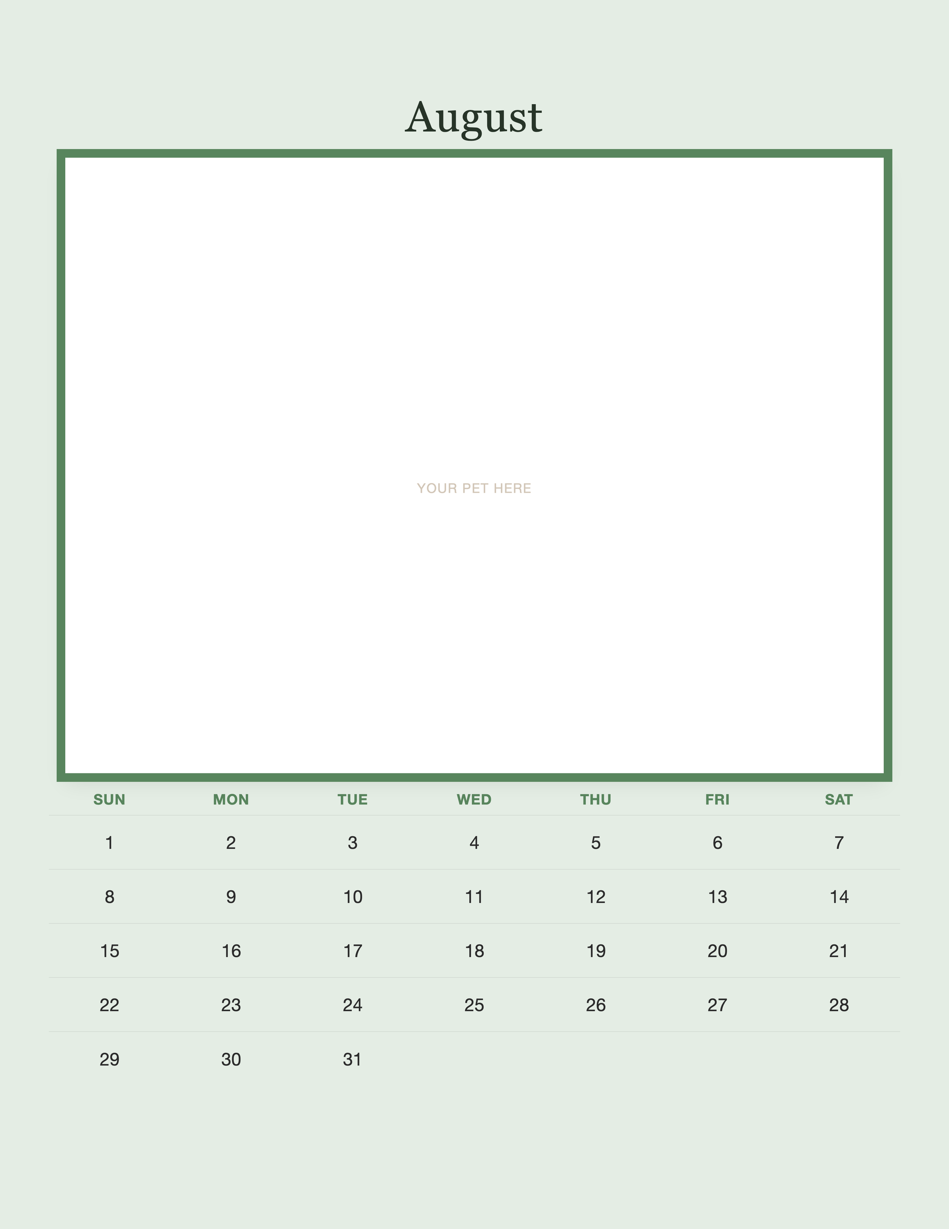 August page of the Personalized Pet Photo Calendar 2027 — Minimalist Sage, with a photo area above the date grid