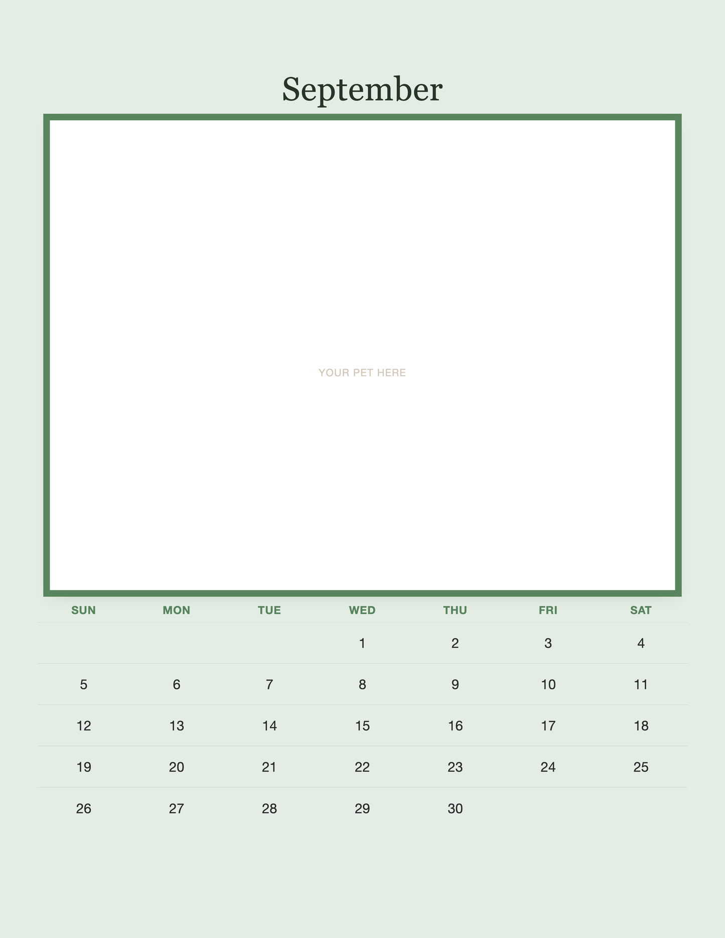 September page of the Personalized Pet Photo Calendar 2027 — Minimalist Sage, with a photo area above the date grid