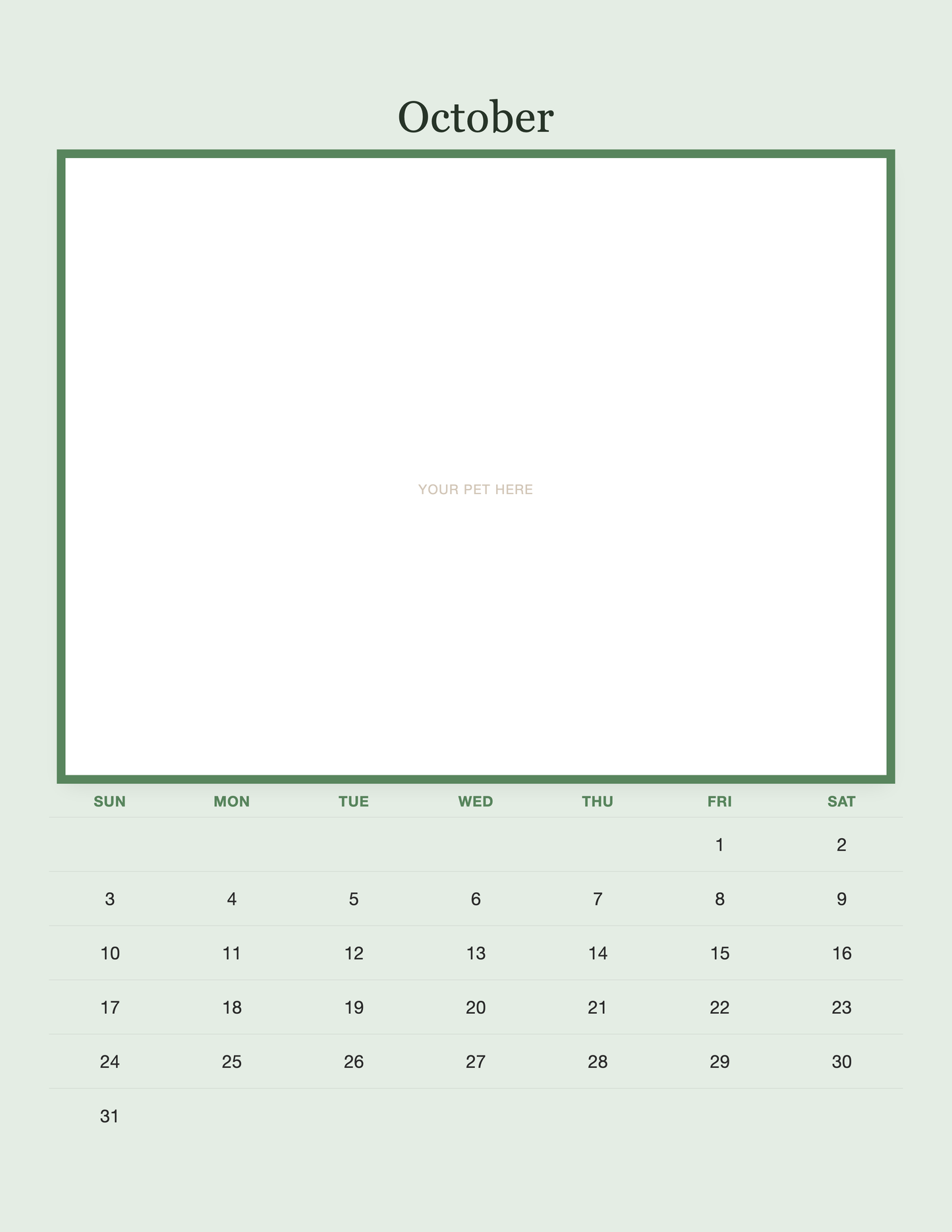 October page of the Personalized Pet Photo Calendar 2027 — Minimalist Sage, with a photo area above the date grid