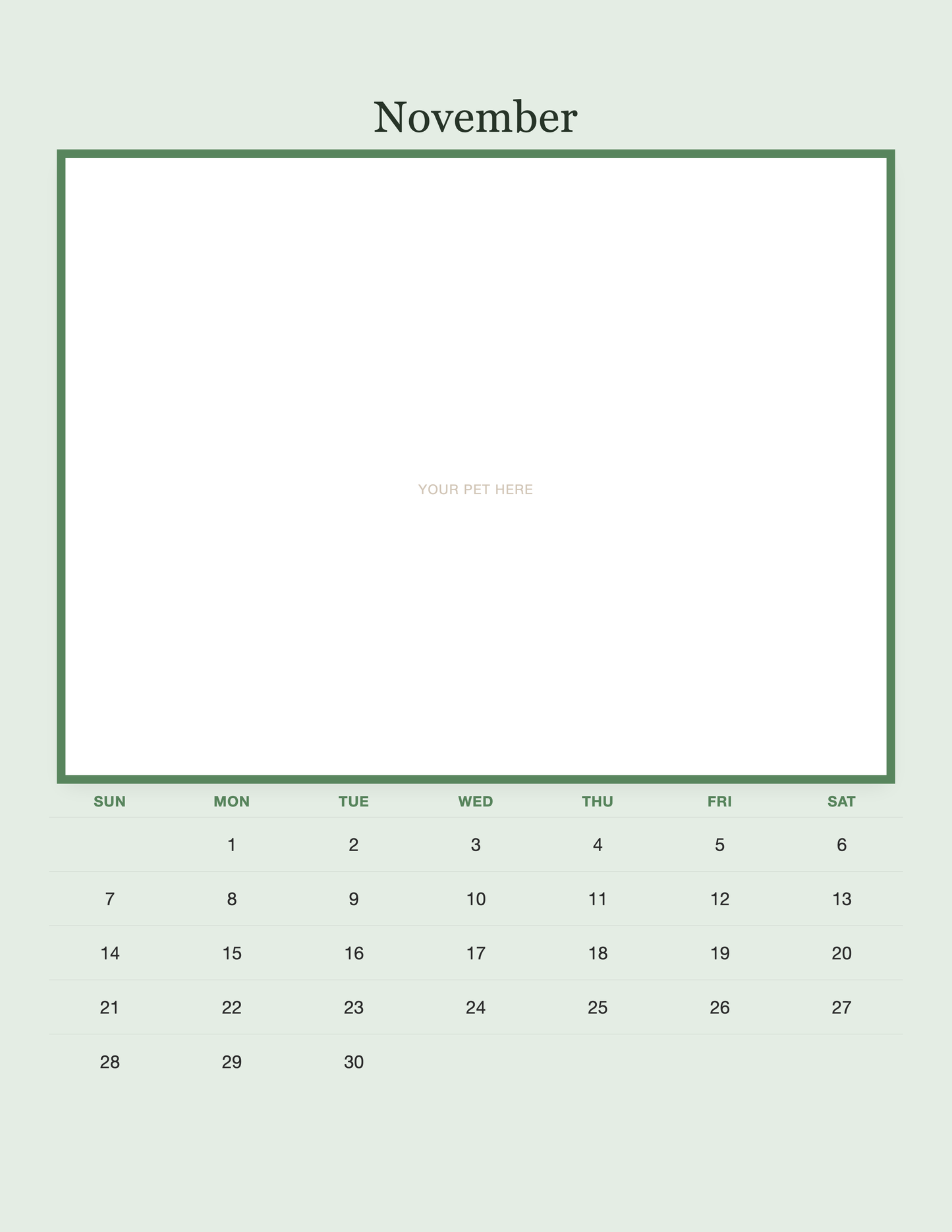 November page of the Personalized Pet Photo Calendar 2027 — Minimalist Sage, with a photo area above the date grid