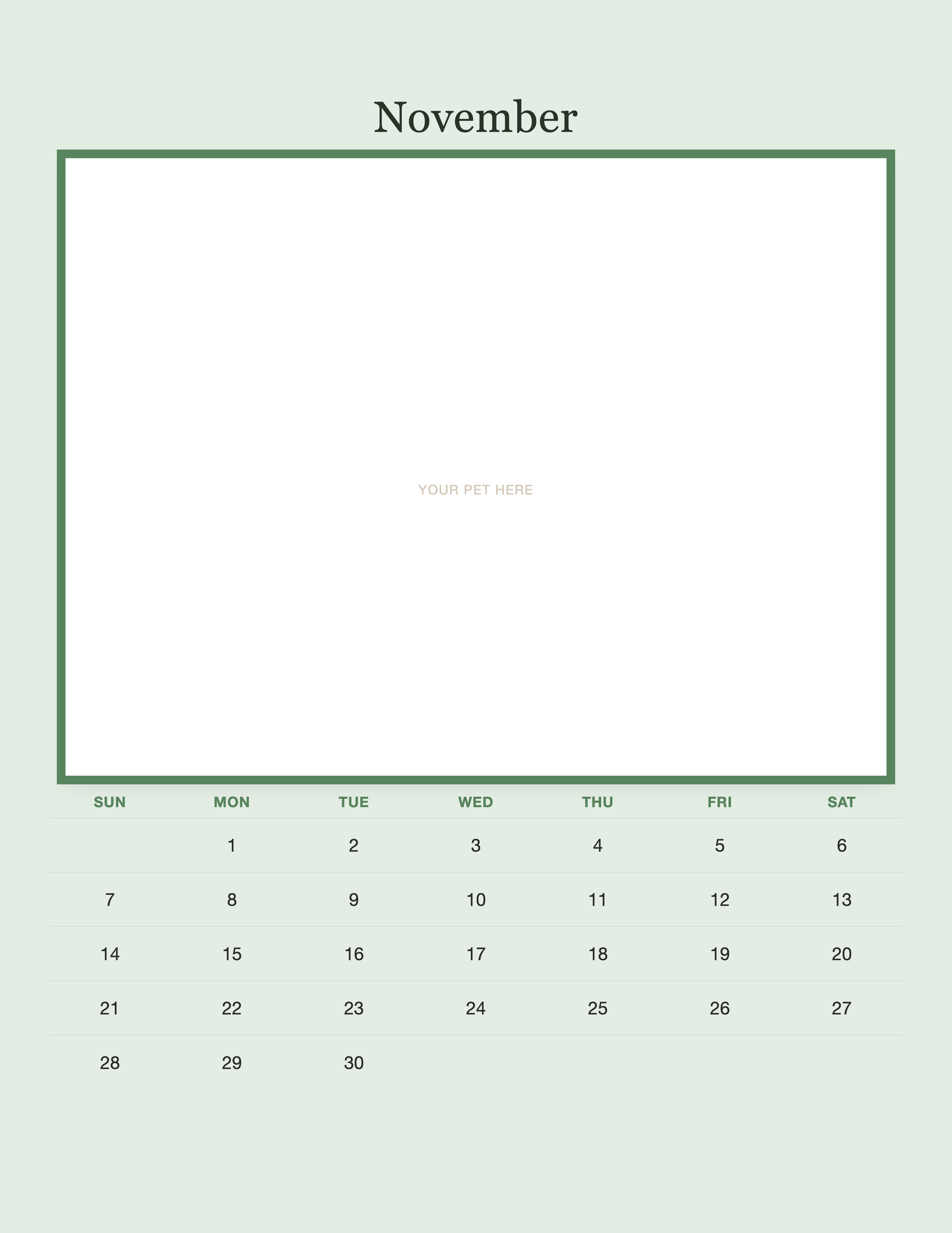 November page of the Personalized Pet Photo Calendar 2027 — Minimalist Sage, with a photo area above the date grid