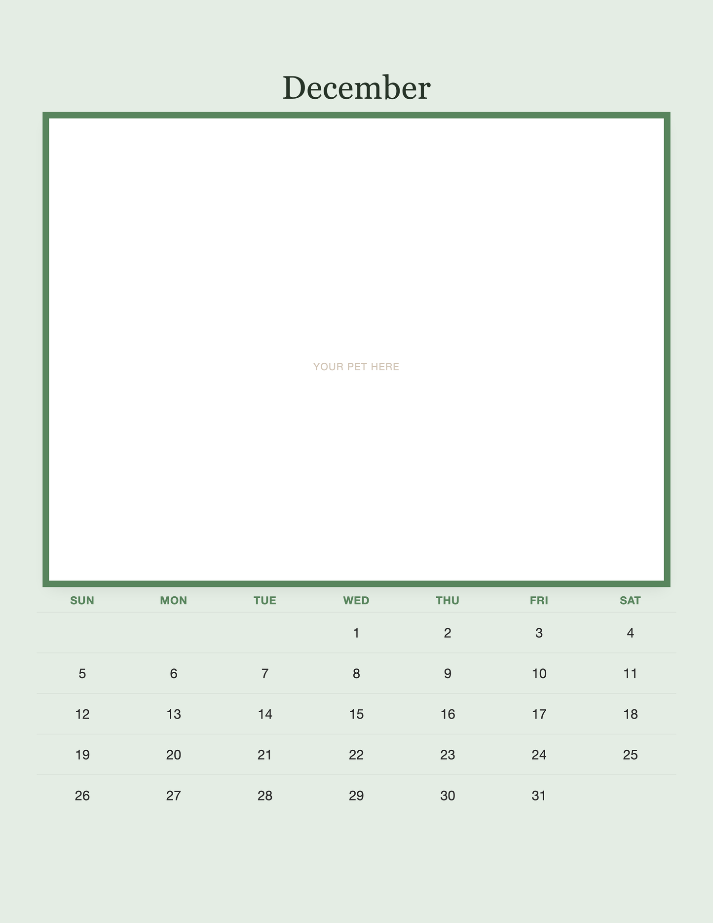 December page of the Personalized Pet Photo Calendar 2027 — Minimalist Sage, with a photo area above the date grid