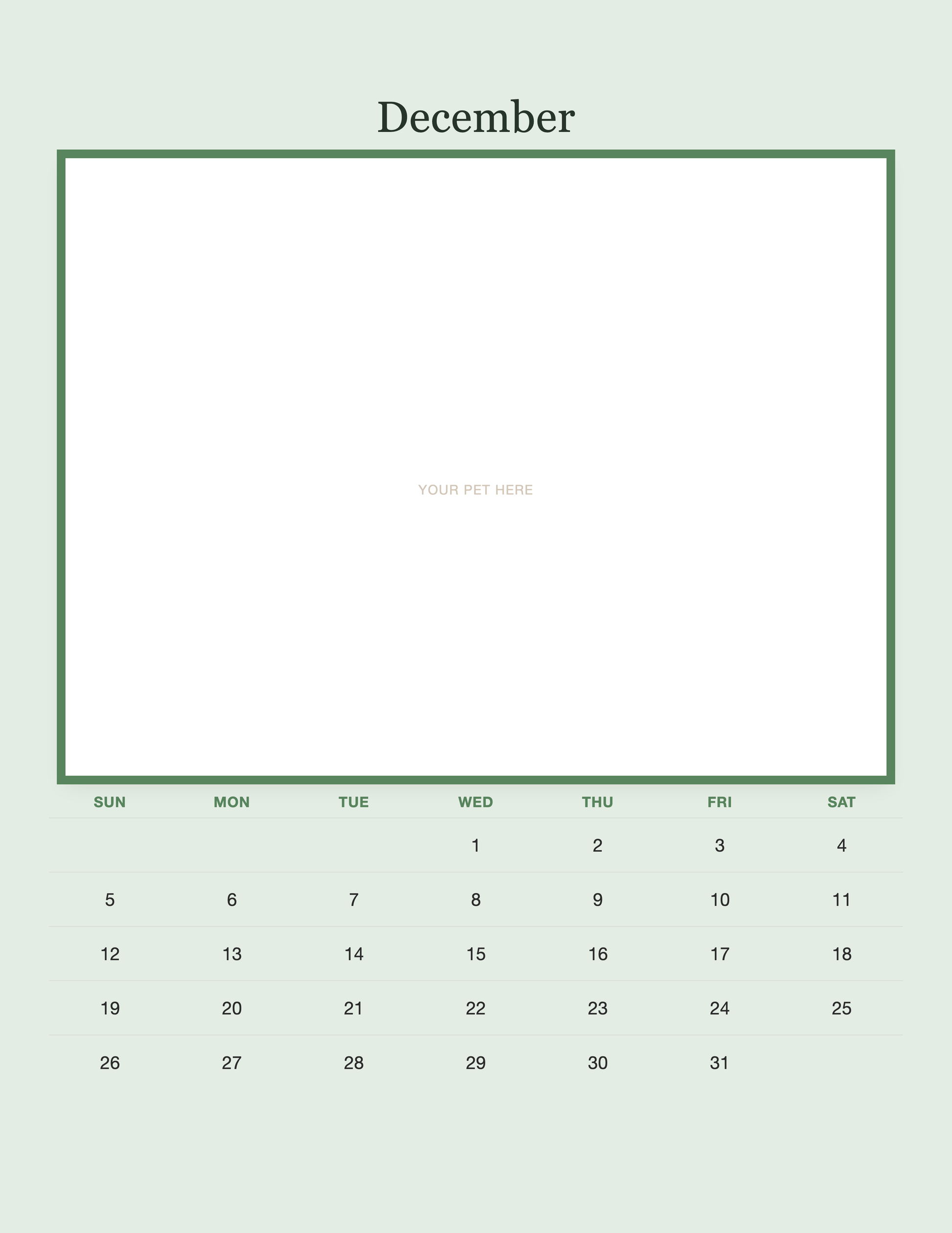 December page of the Personalized Pet Photo Calendar 2027 — Minimalist Sage, with a photo area above the date grid