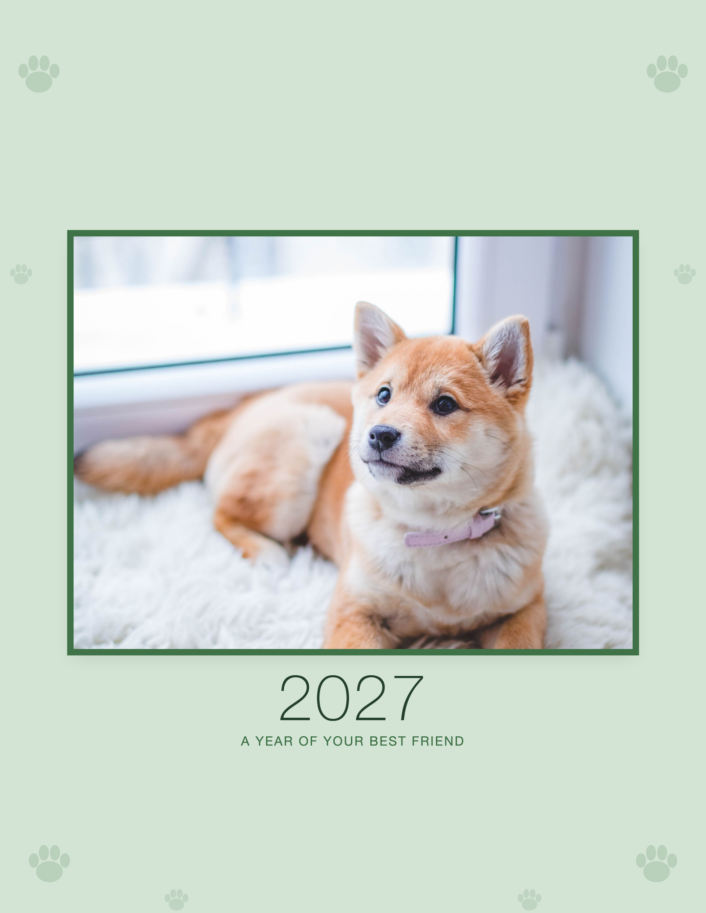 Personalized Pet Photo Calendar 2027 — Minimalist Sage shown with a sample pet photo on the cover