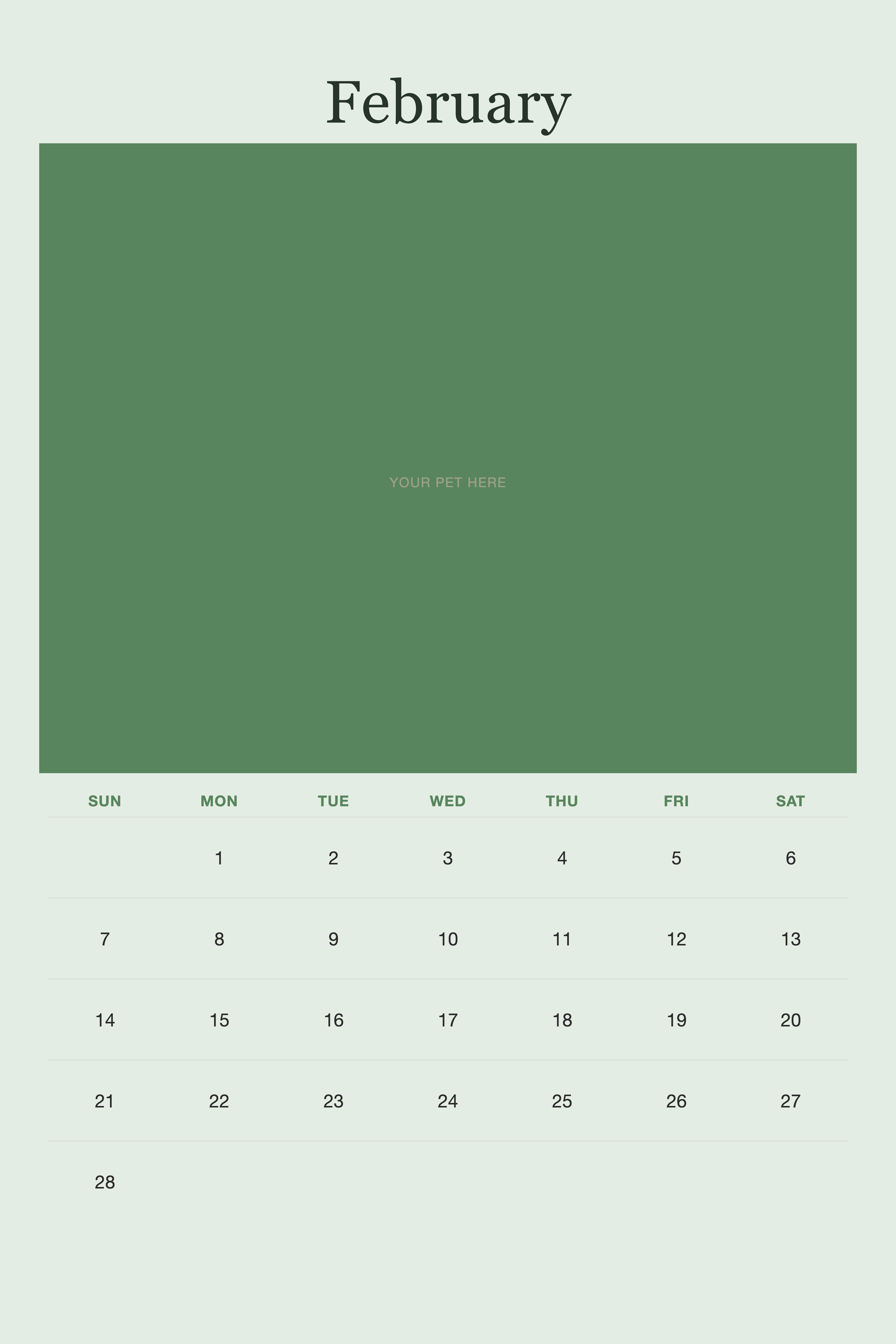 February page of the Personalized Pet Photo Calendar 2027 — XL Minimalist Sage, with a photo area above the date grid