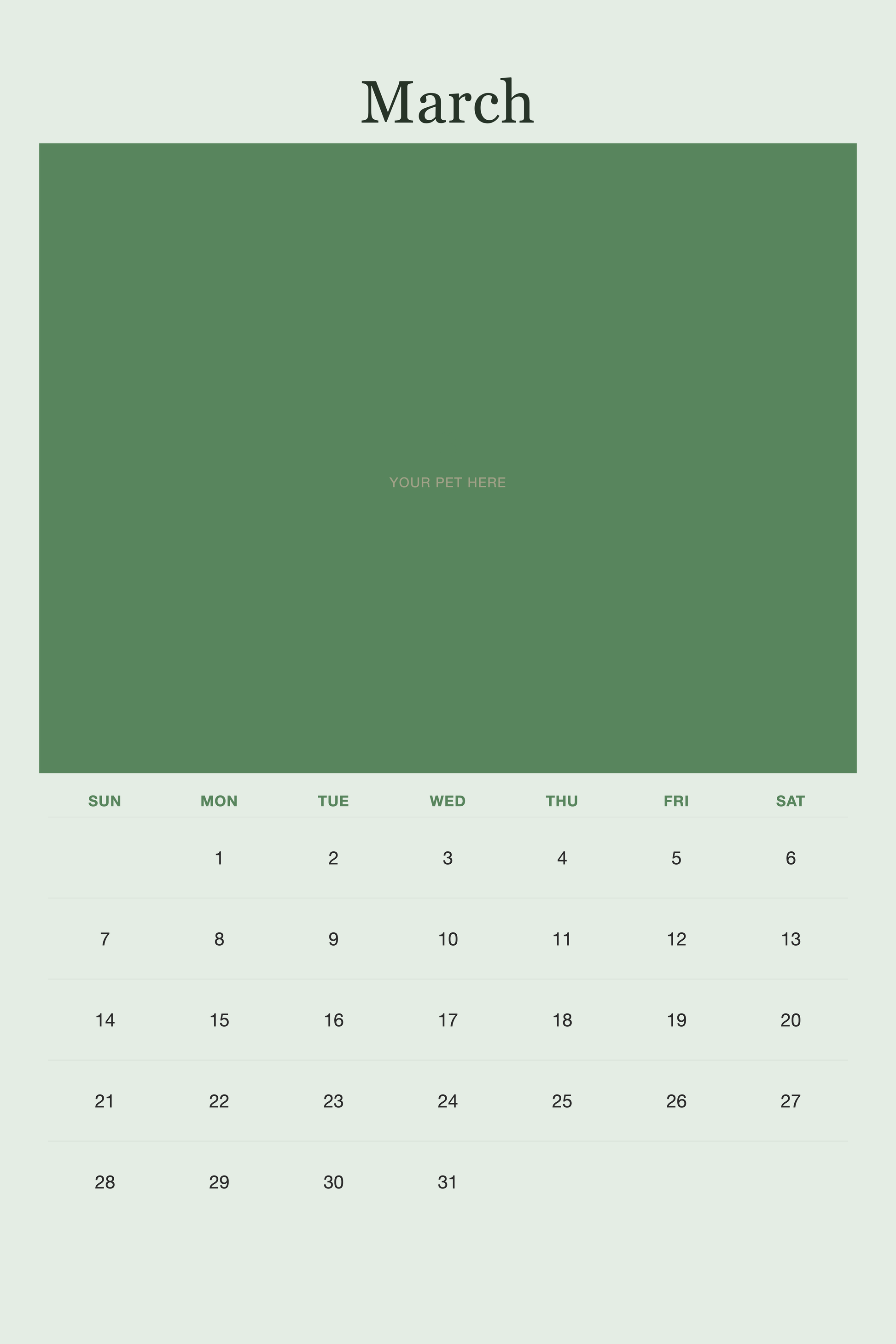 March page of the Personalized Pet Photo Calendar 2027 — XL Minimalist Sage, with a photo area above the date grid